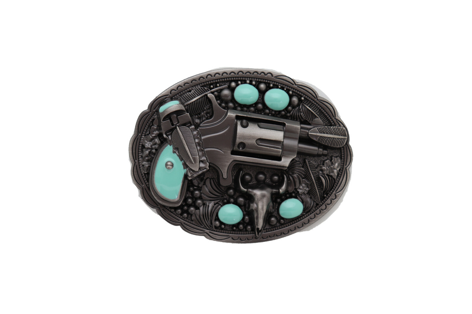 Men Western Buckle Dark Silver Metal Revolver Pistol Gun Feather Bull Turquoise