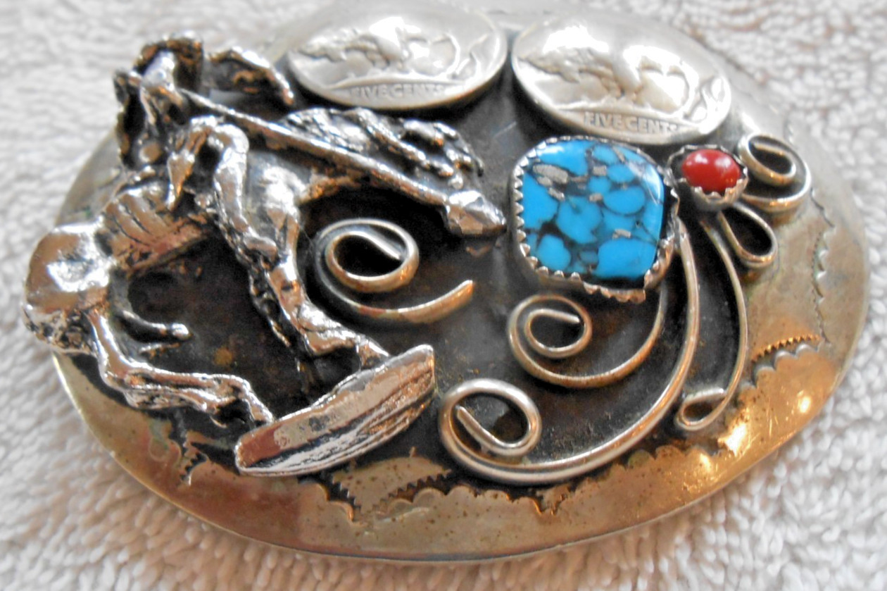 Sterling Native American Belt Buckle – Buffalo Nickels Turquoise/Coral 76g TW
