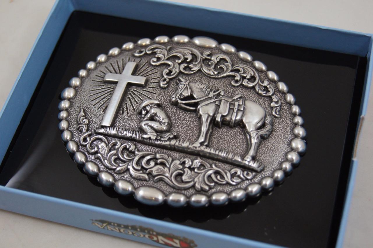 Nocona Western Belt Buckle Cowboy Man at Cross Praying Silver 37374