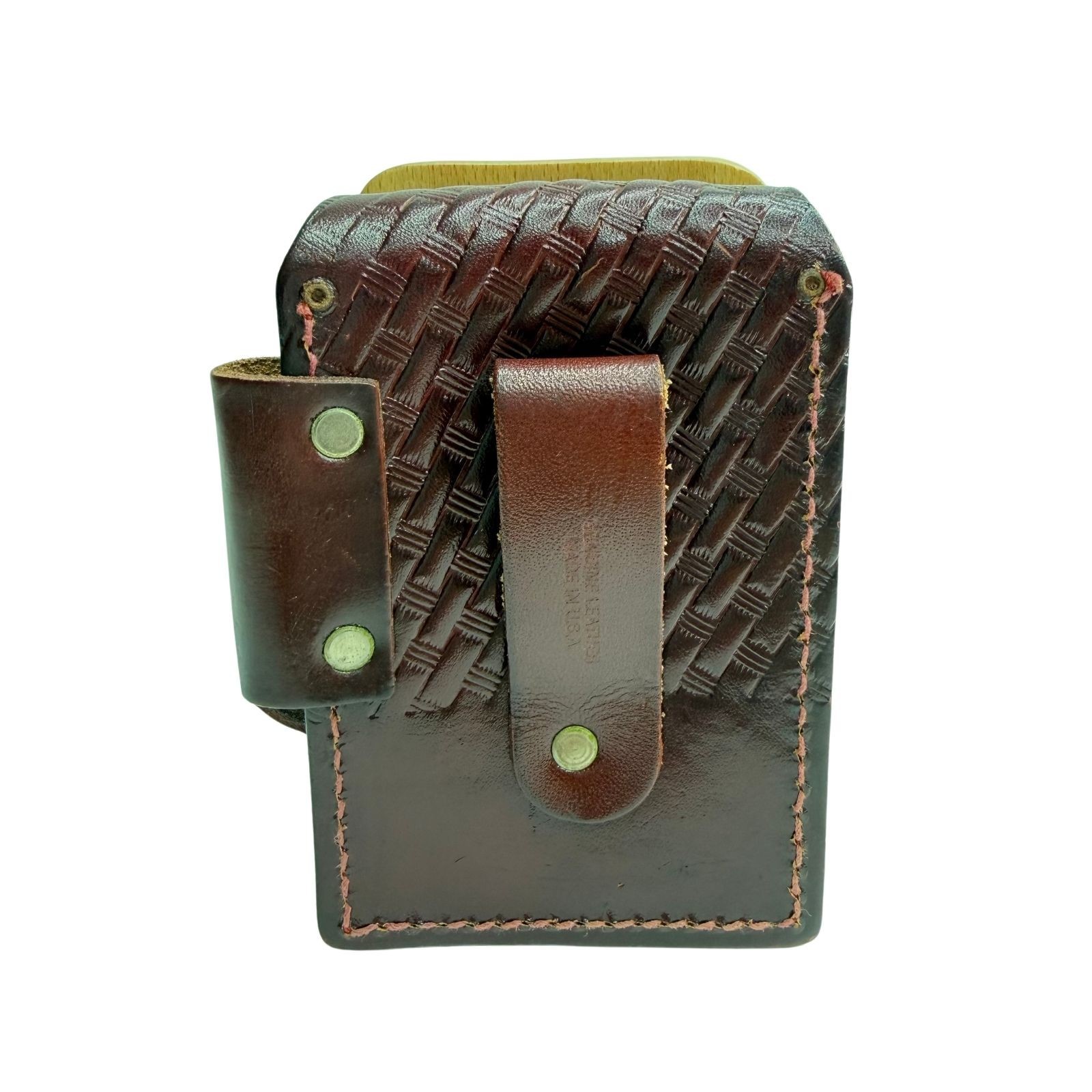 Vintage Genuine Leather Phone Holster Case Basket Weave Brown Made in USA