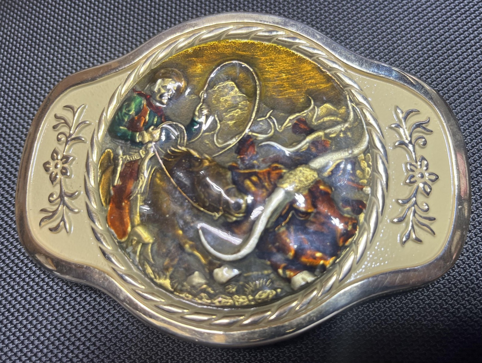 MBCI Belt Buckle Mens Gold Tone Western Cowboy Rodeo Roping Longhorn Enamel
