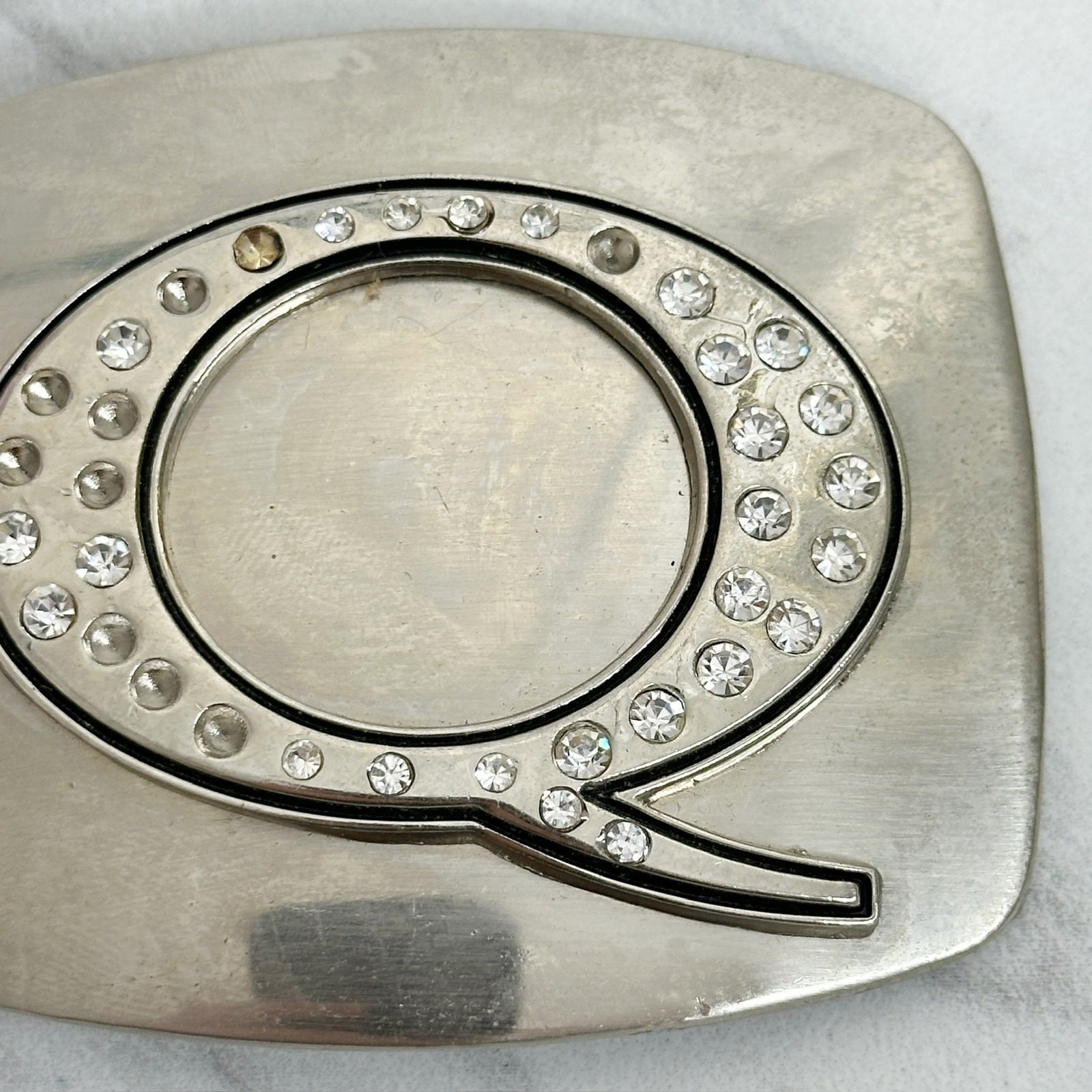 Rhinestone Studded Q Letter Initial Monogram Silver Tone Belt Buckle