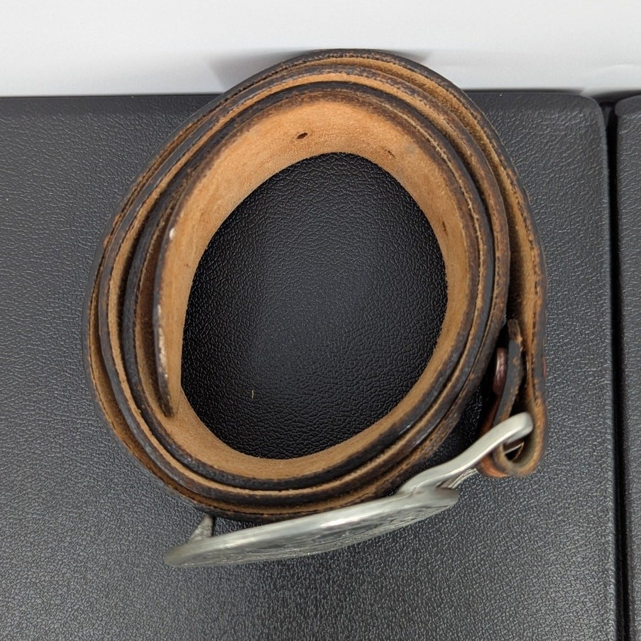Vintage Lions International Pewter Buckle Tooled Leather Belt Size 36