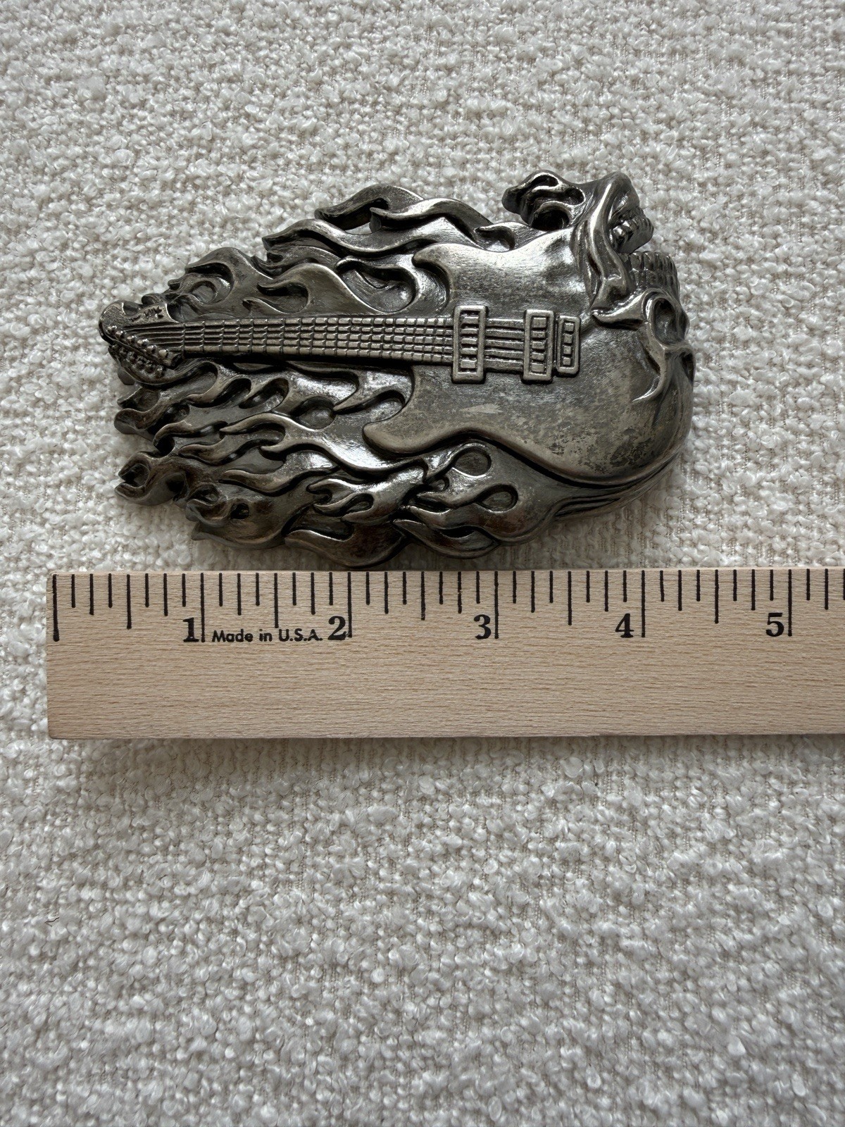 Skull Guitar Flame Belt Buckle 4 3/8&Prime; x 2 3/4&Prime; Heavy Metal Rock N Roll