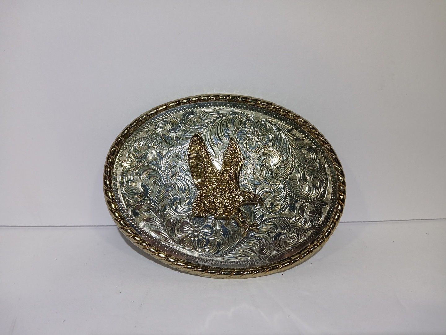 Golden Bronze Eagle On Silver Plated Western Style Belt Buckle – Made In USA