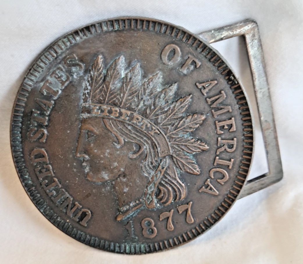 Vintage 1877 Indian Head Penny Belt Buckle Bronze Tone Round Coin Americana 3.75