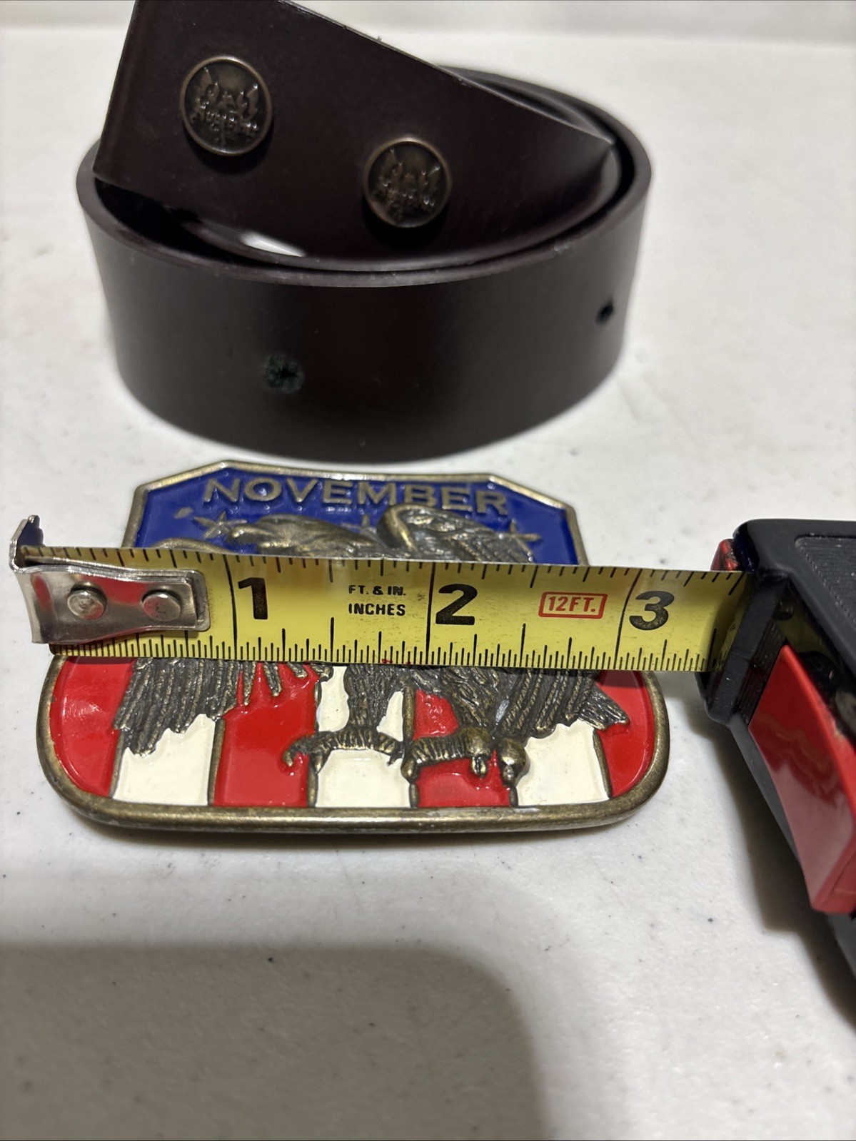 Vintage Collectible November Patriotic Flag Eagle Metal Belt & Buckle Sz 30