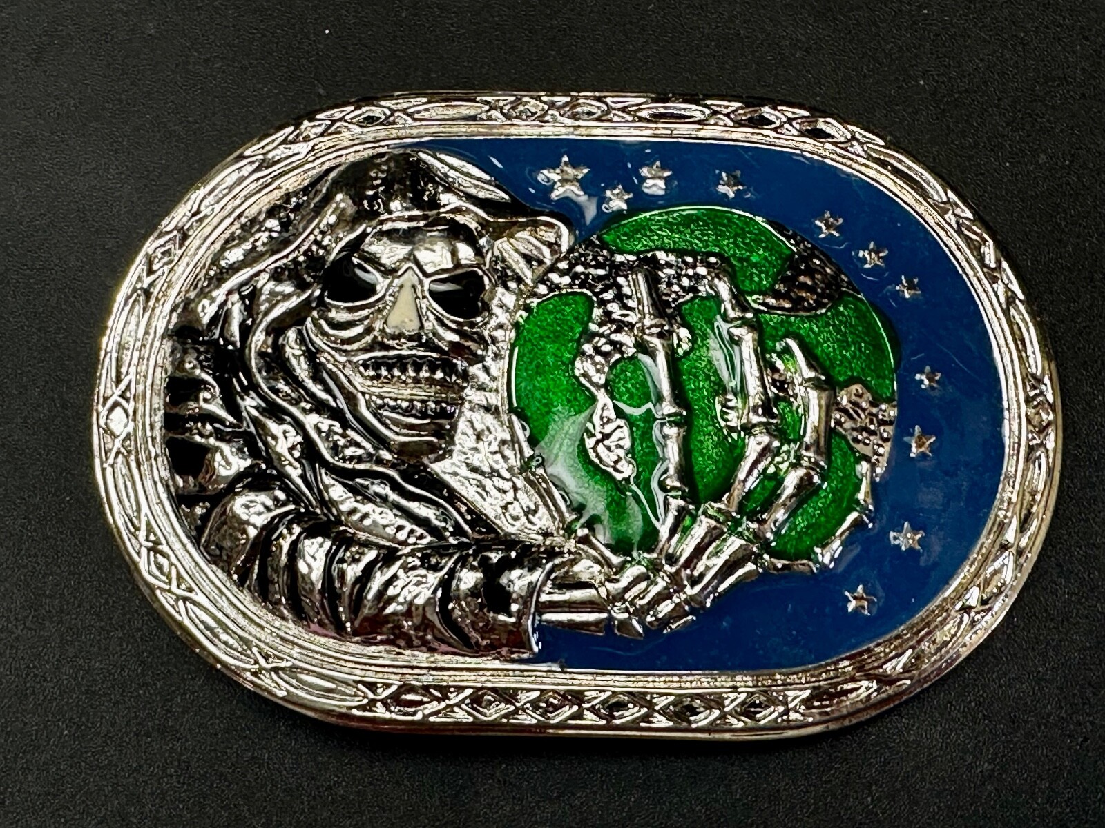 Skull Face Holding The Earth Grim Reaper Silver Green Gothic Biker Belt Buckle