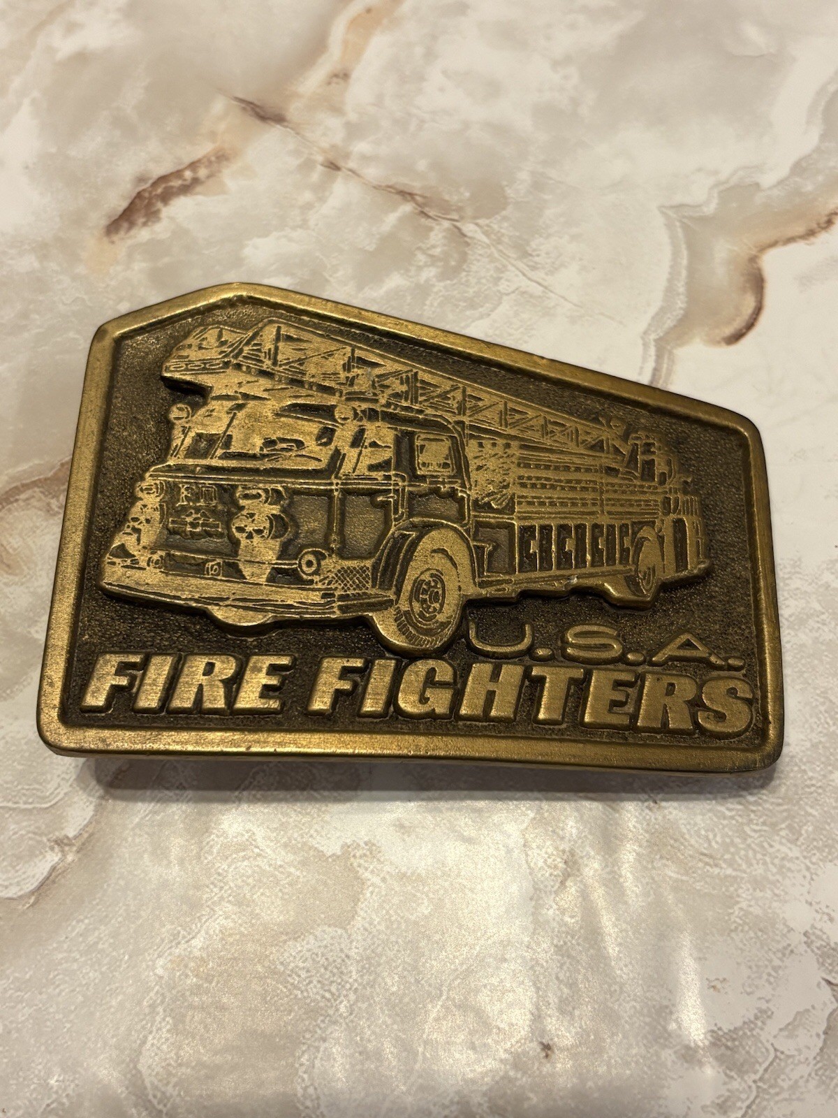U S A Fire Fighters Belt Buckle Solid Brass Fire Engine Adezy Denver 1976