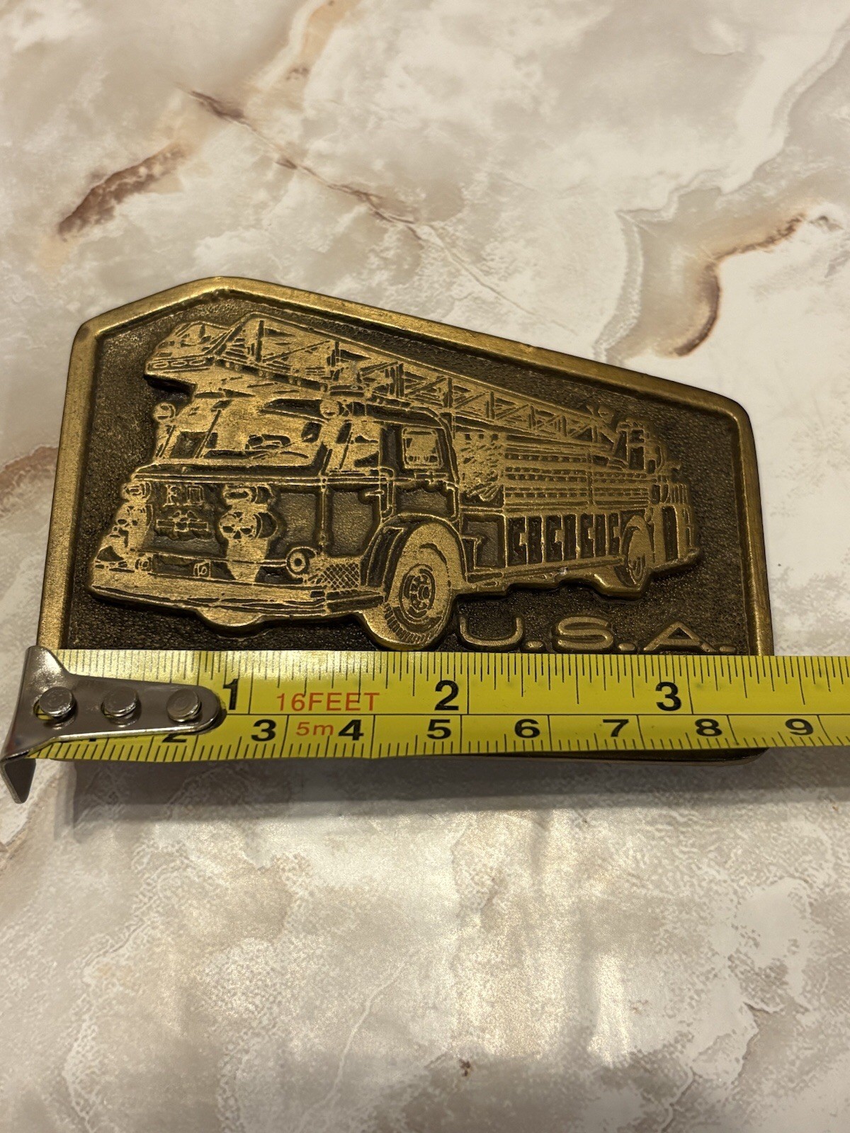 U S A Fire Fighters Belt Buckle Solid Brass Fire Engine Adezy Denver 1976