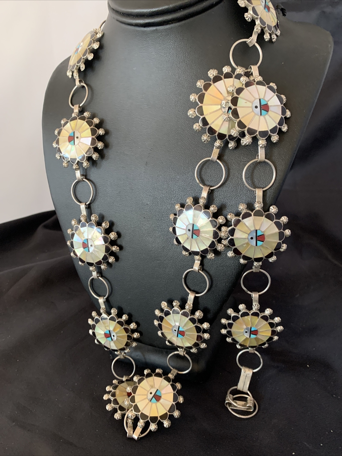 Turquoise & Onyx Zuni Sterling Silver Sun Face Inlay Old Pawn Belt 40&Prime; 12109