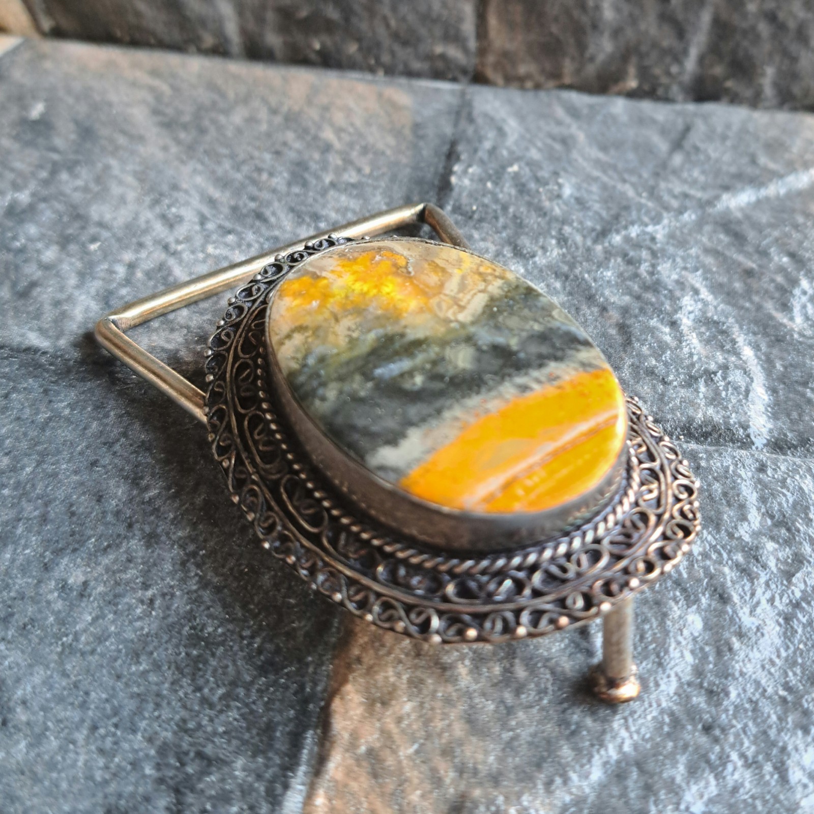 Bumblebee Jasper Oval Silver Plated Belt Buckle Bold Yellow Black Western Unisex