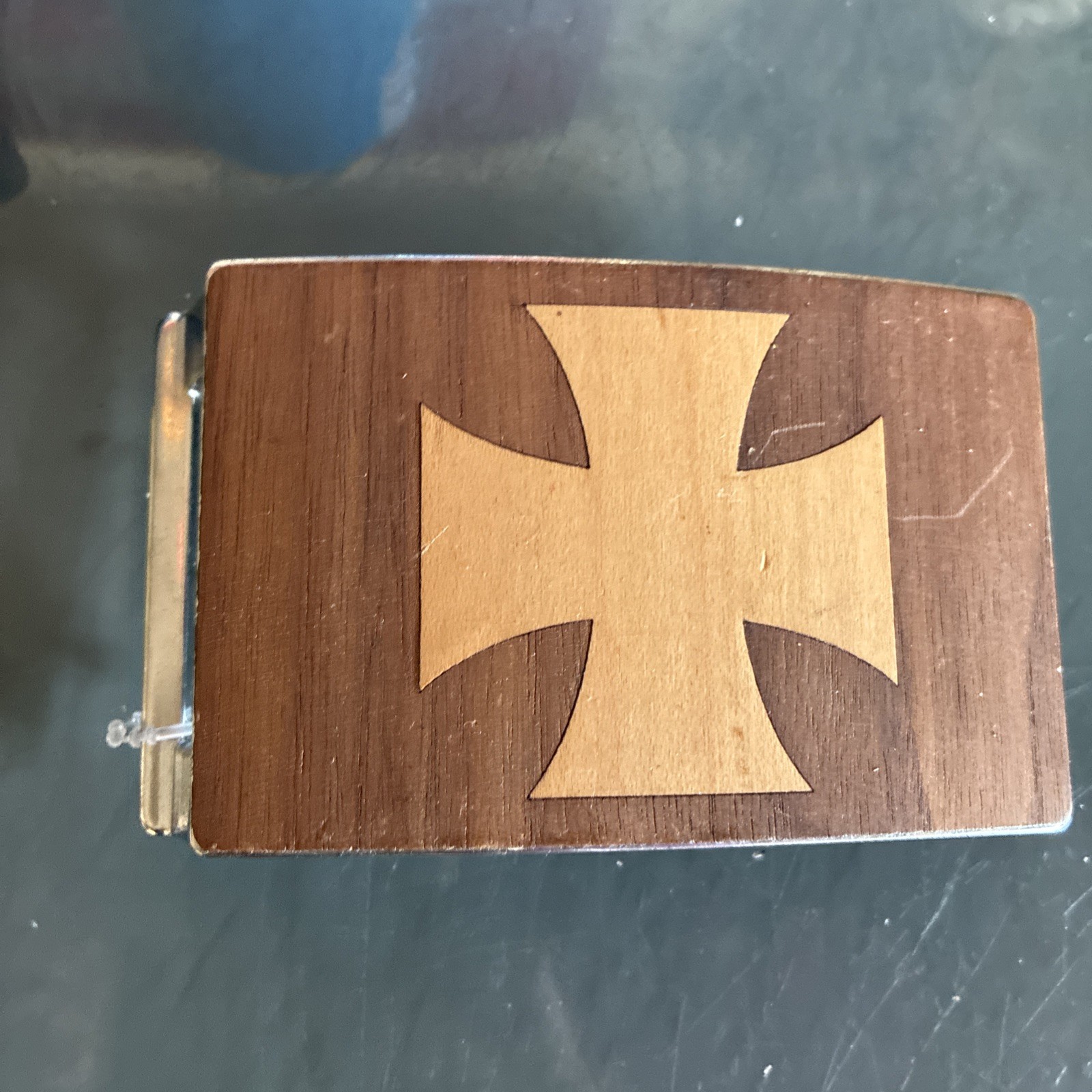Iron Cross Belt Buckle Hand Crafted Wood Inlay Over Metal Biker Rock Goth Rare