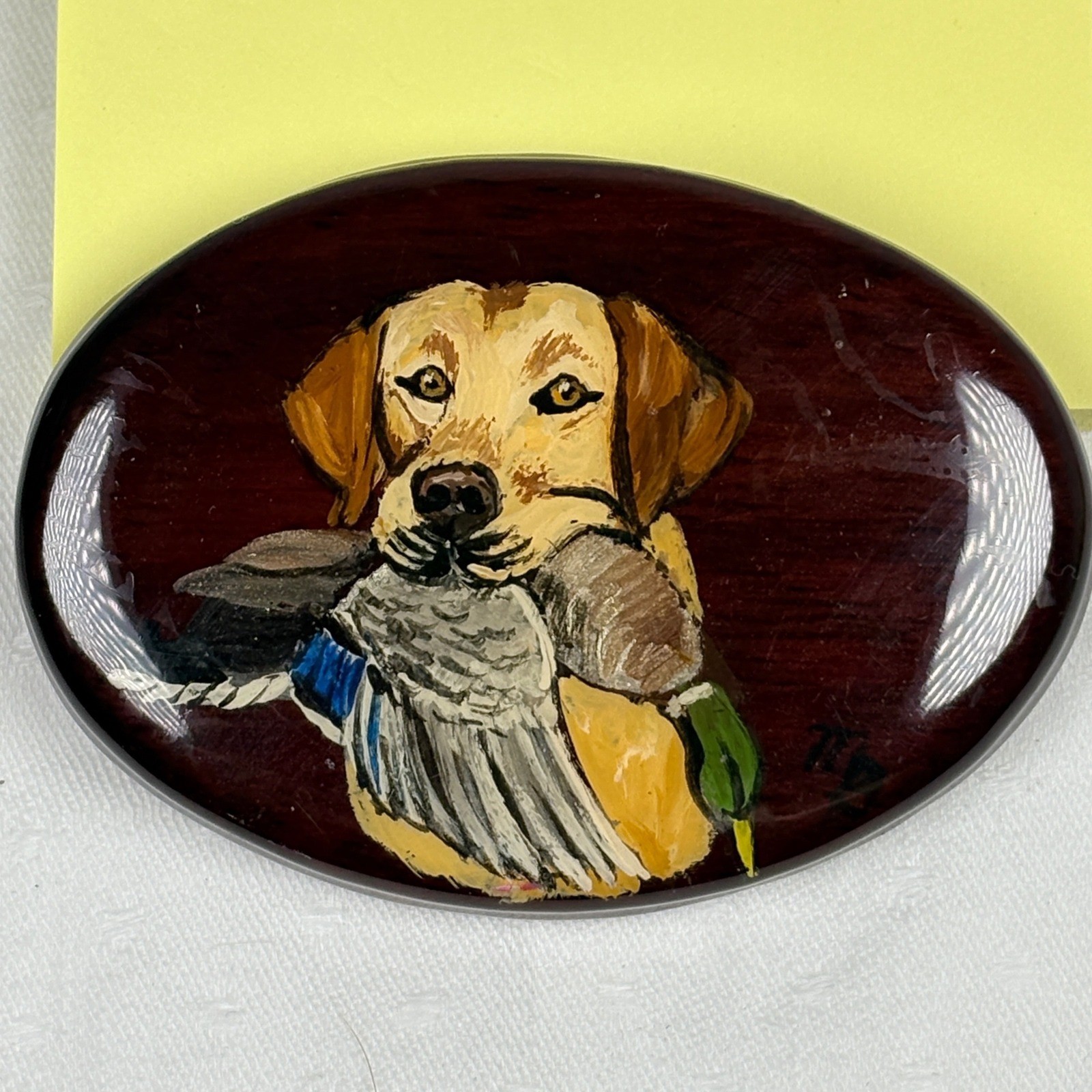 Vintage Hand Painted Wood Belt Buckle Yellow Labrador Retriever Mallard Duck Dog