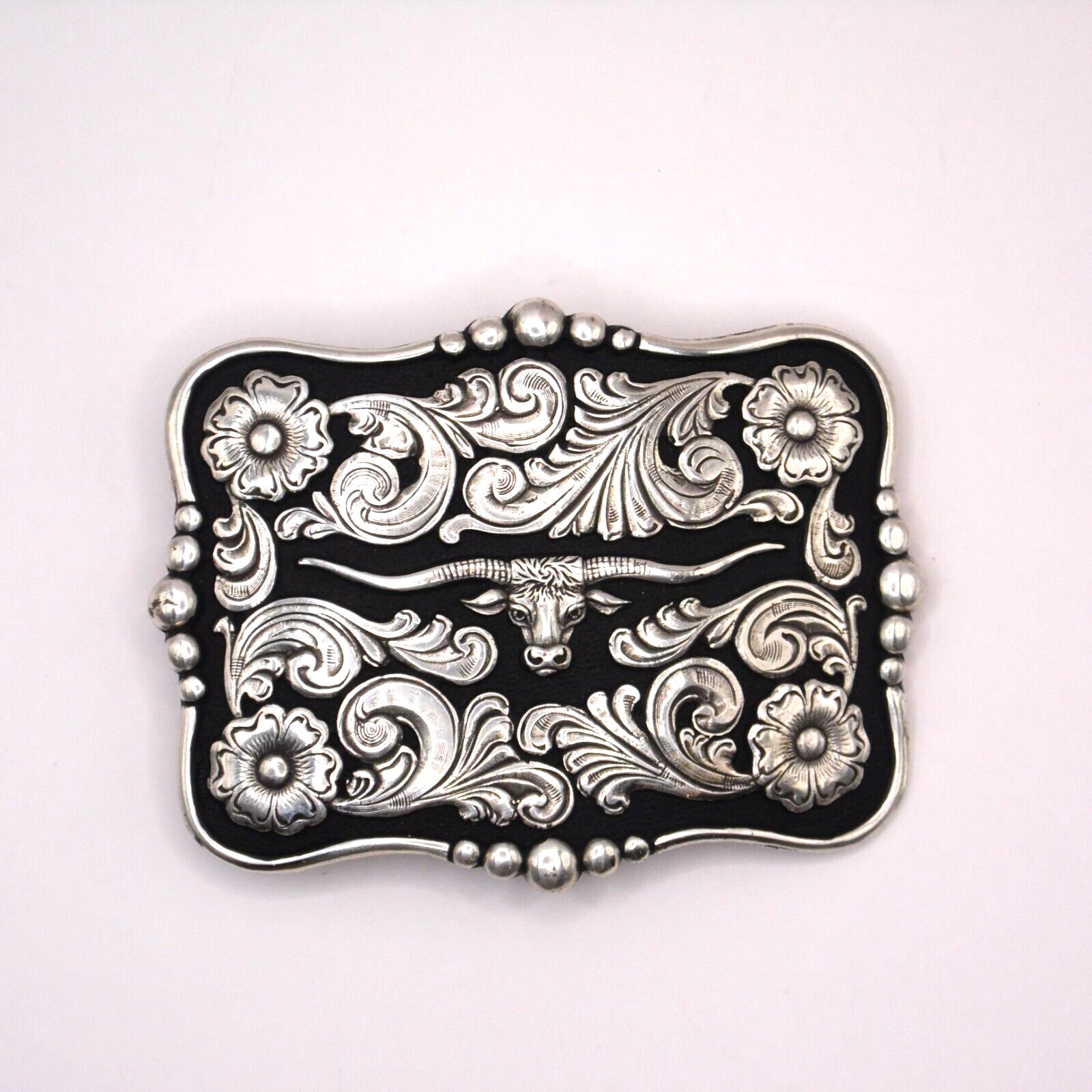 Nocona Western Belt Buckle Rectangle Longhorn Silver Tone and Black 37586