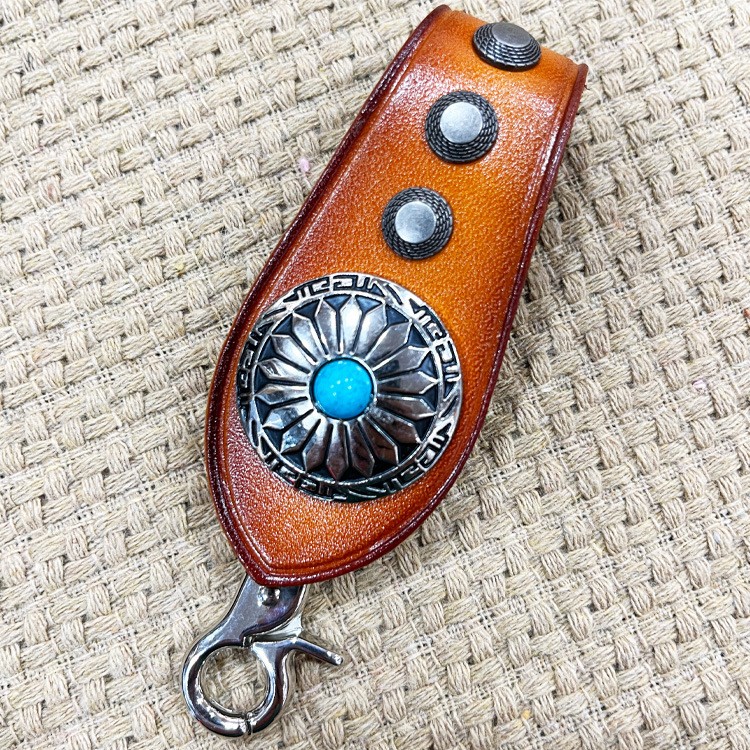 Western Leather Keychain, Turquoise Accent Cowhide Key Ring Clip Car Key Holder