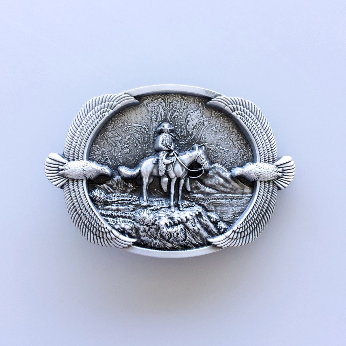 Western Cowboy on Horse Eagles Silver Metal Belt Buckle