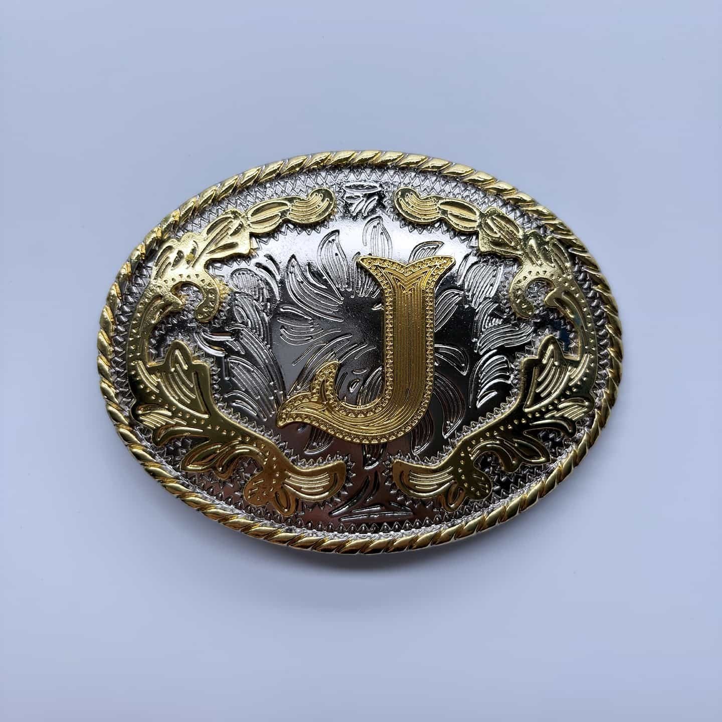Bright Silver With Gold Initial Letter A-Z Cowboy Cowgirl Oval Belt Buckle