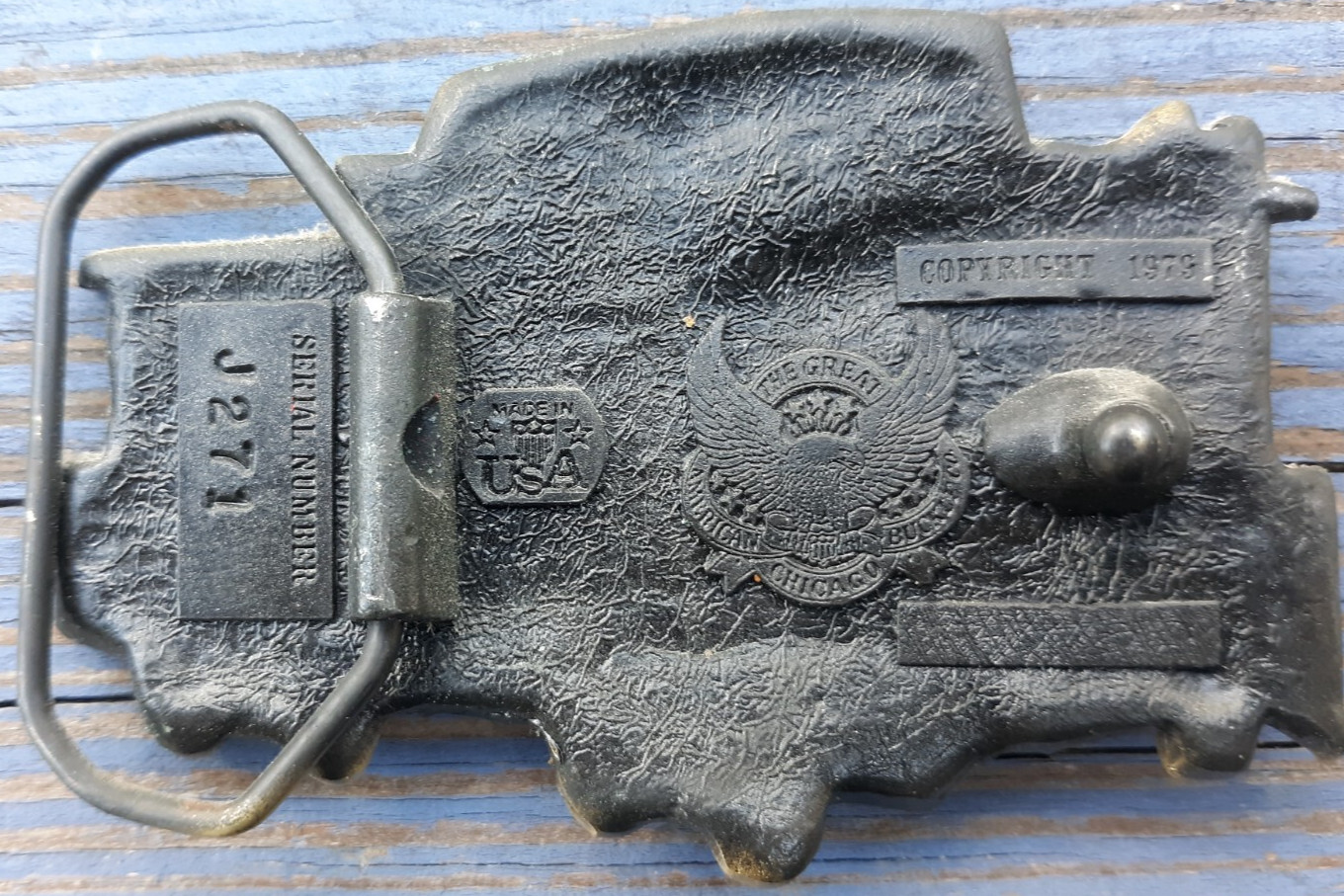 belt buckle 1979 Great American Buckle Caboose pewter 3.75&Prime; long gray