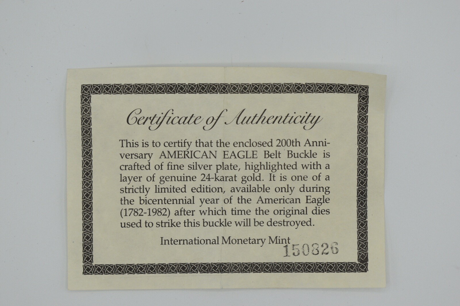 International Monetary Mint American Eagle Silver & 24K Gold Belt Buckle new COA