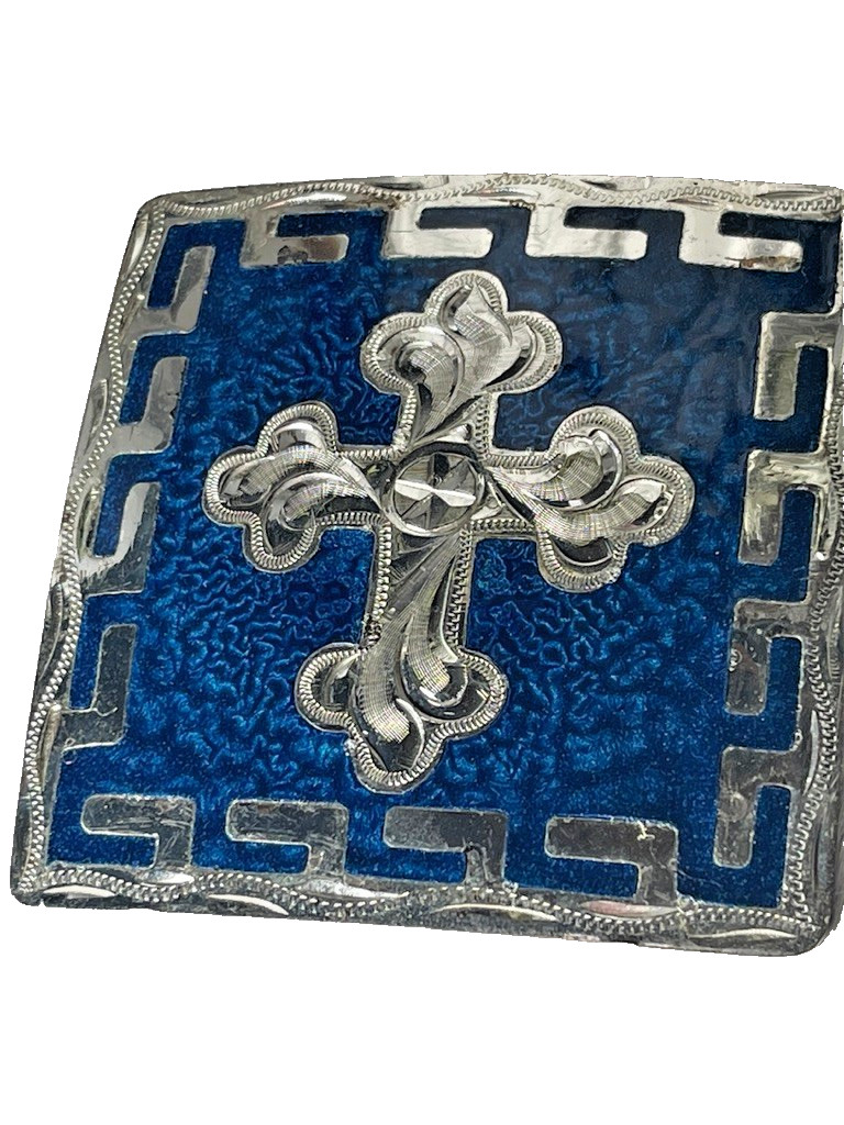 Western Mens Belt Buckle 3.25 x 3 in Southern Cross Cowboy Blue Silver 1.5