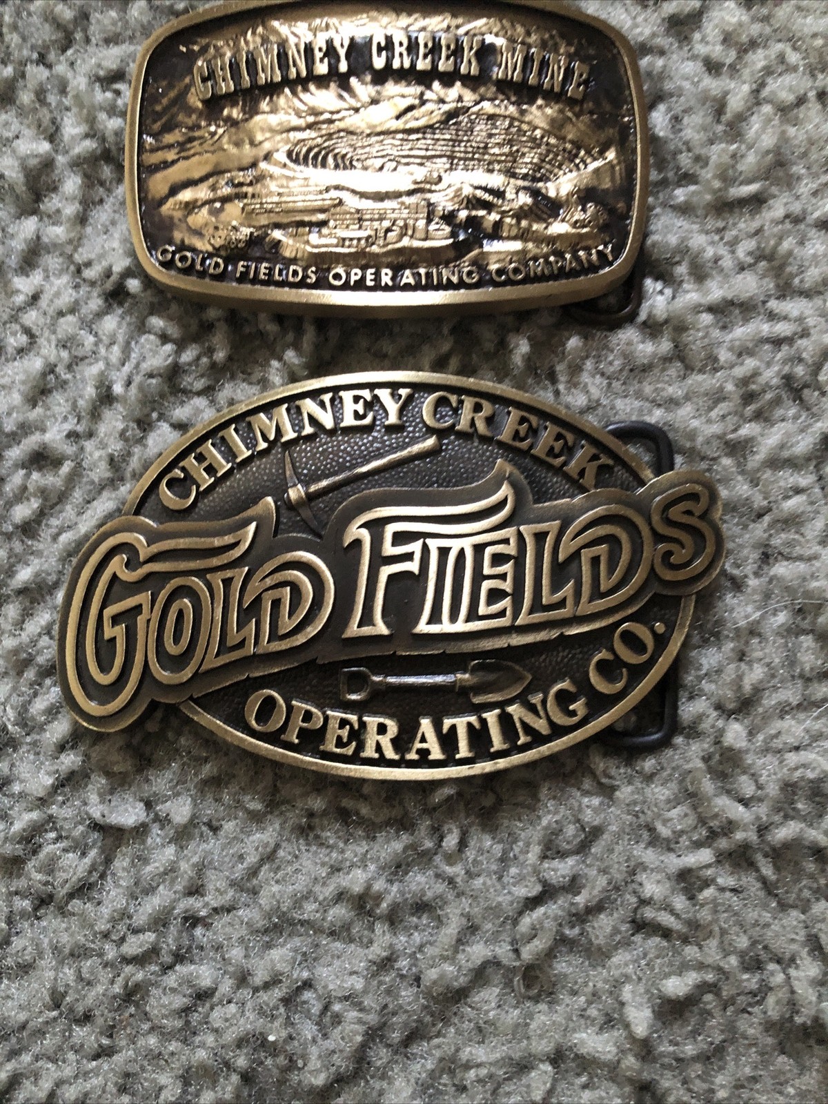 2x Chimney Creek Operating Co. Gold Fields Belt Buckles Solid Bronze Limited Edt