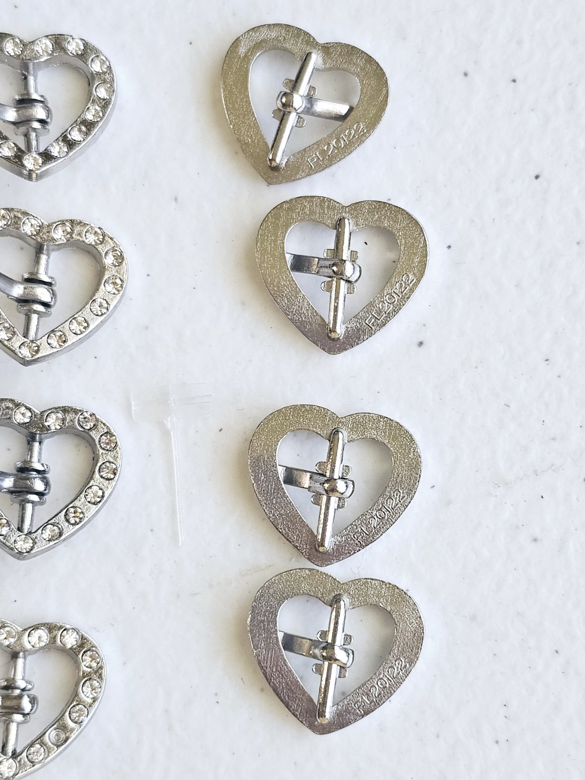 Mini Heart Buckles (8) White Rhinestones On Silvertone