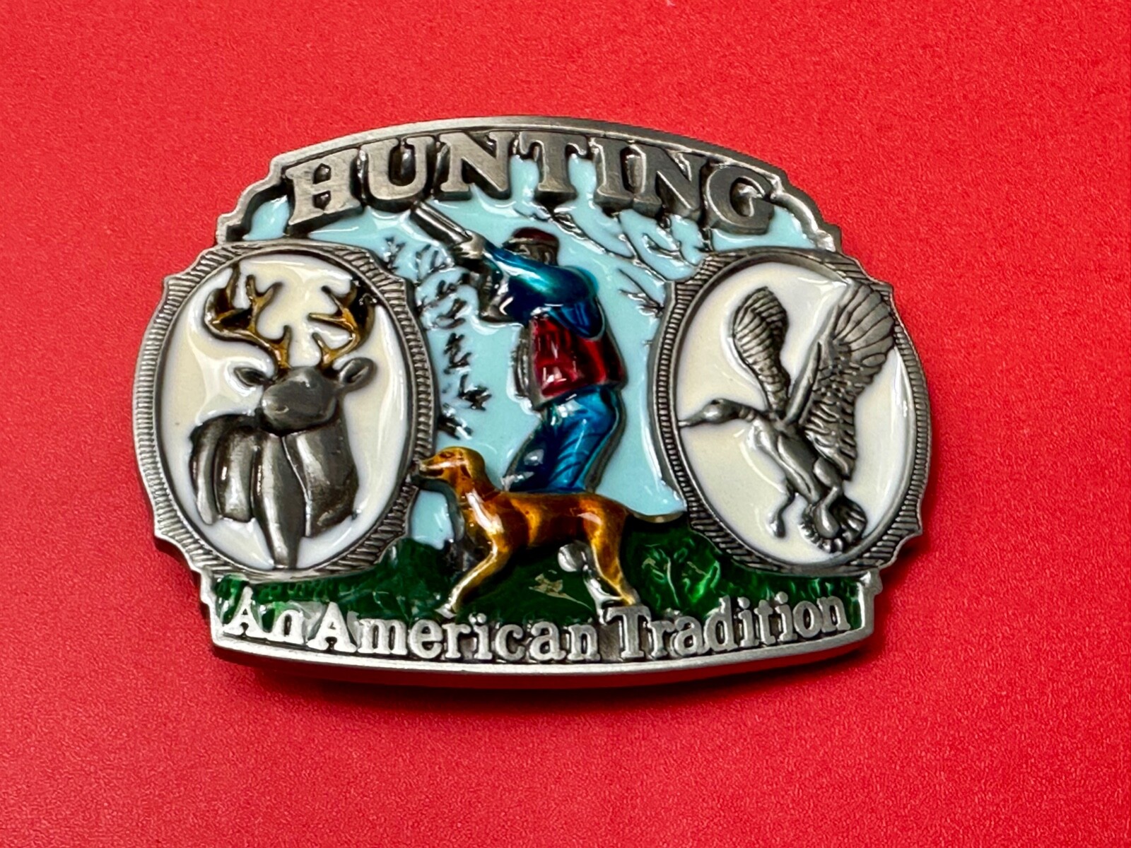Hunting An American Tradition Vintage Belt Buckle Deer Duck Dog Colorful USA