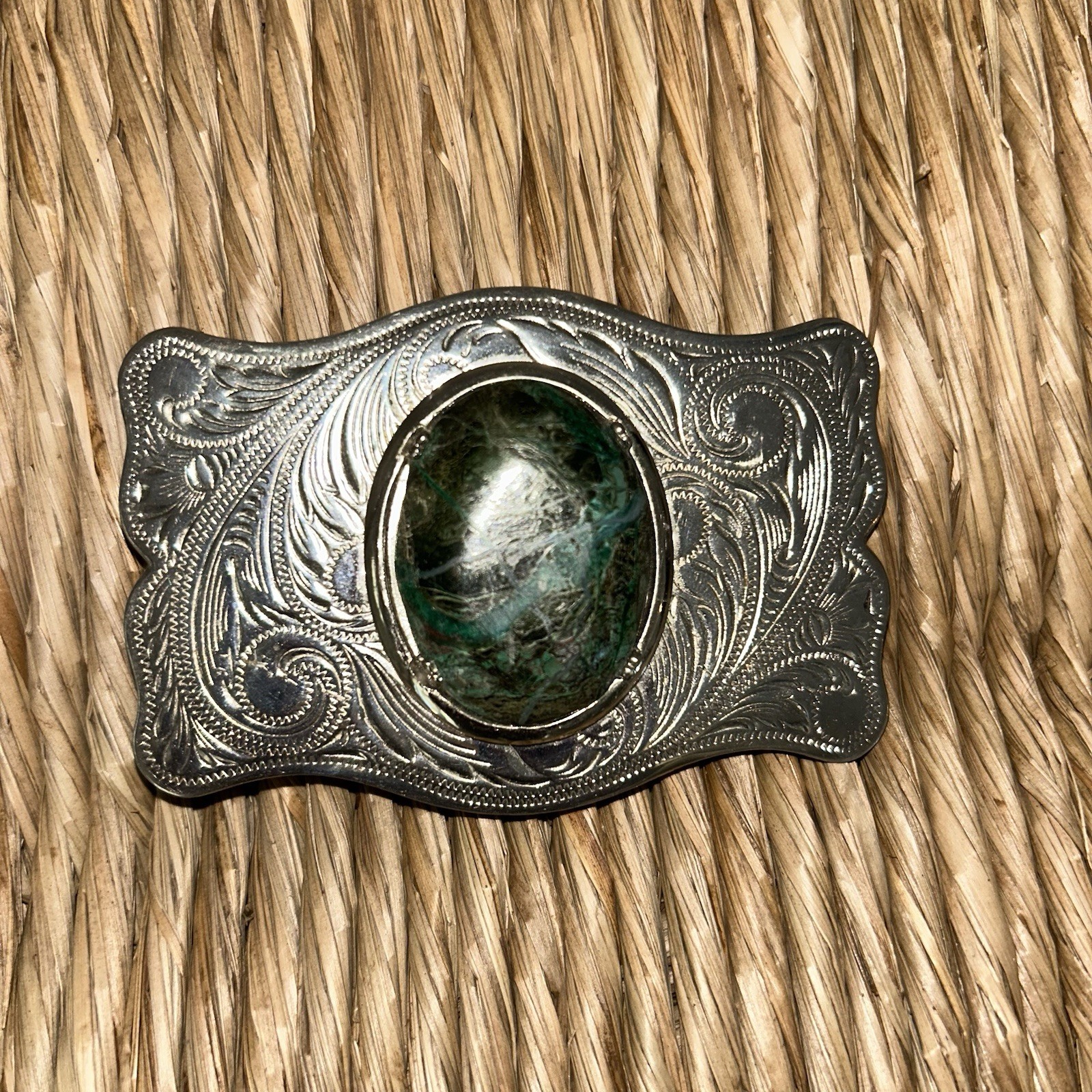 ESTATE SILVER TONE BELT BUCKLE GREEN AGATE SOUTHWESTERN STYLE MEN WOMEN UNISEX