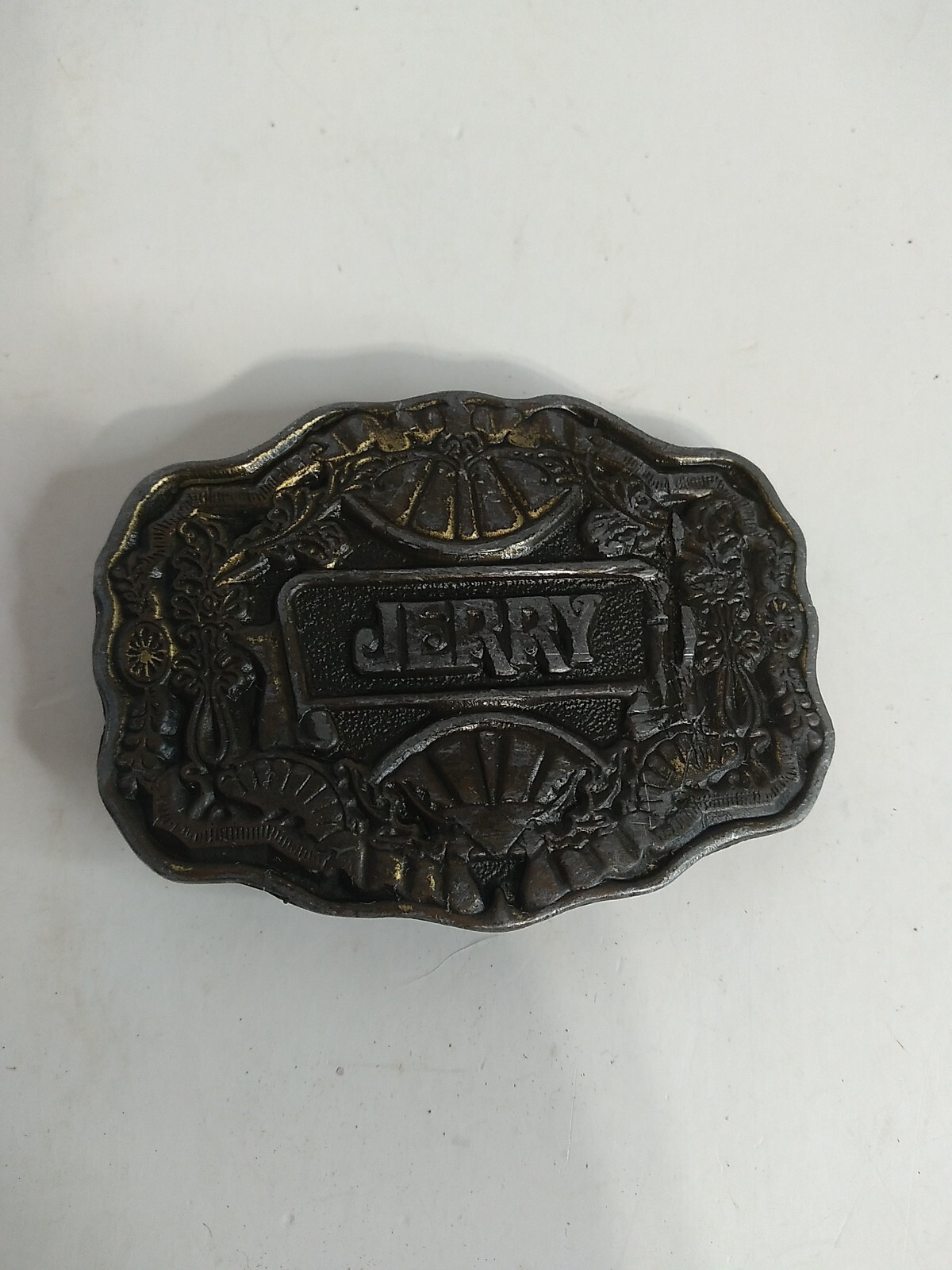 Vtg Oden NC Brass Belt Buckle 70s Name JERRY Personalized Ornate