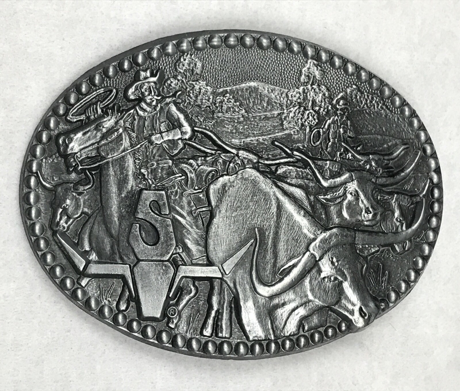 vtg 80s SHEPLERS COWBOY BULL PEWTER AWARD DESIGN MEDALS BELT BUCKLE horse