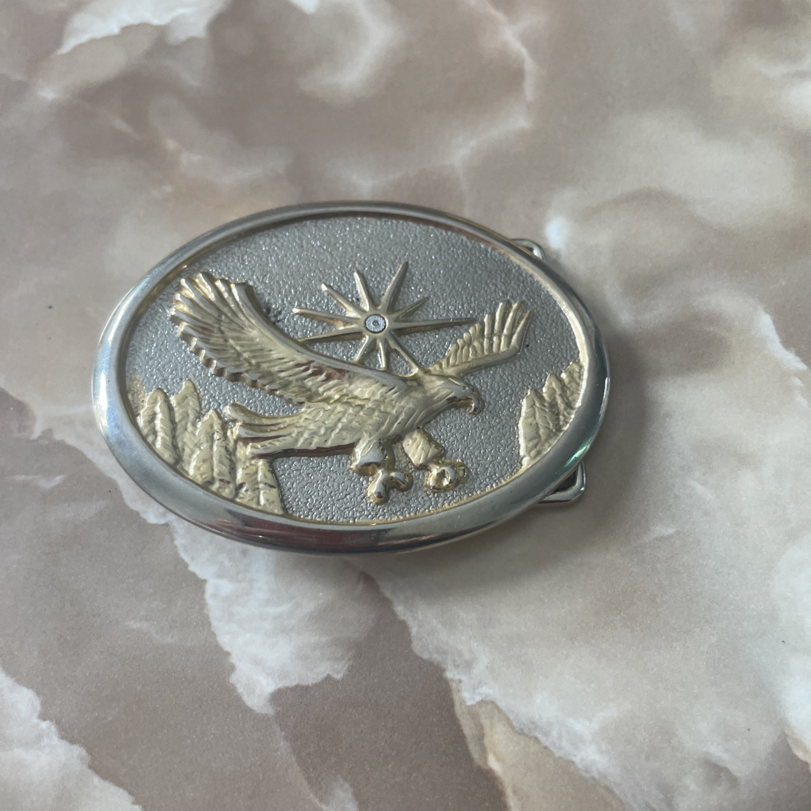 Vintage 70s 80s Western Gold & Silver Tone Flying Eagle Oval Belt Buckle