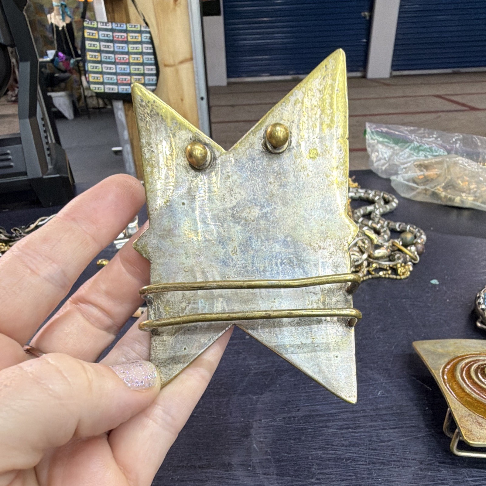 Vintage Geometric Star Enamel Brass Belt Buckle Gold Silver