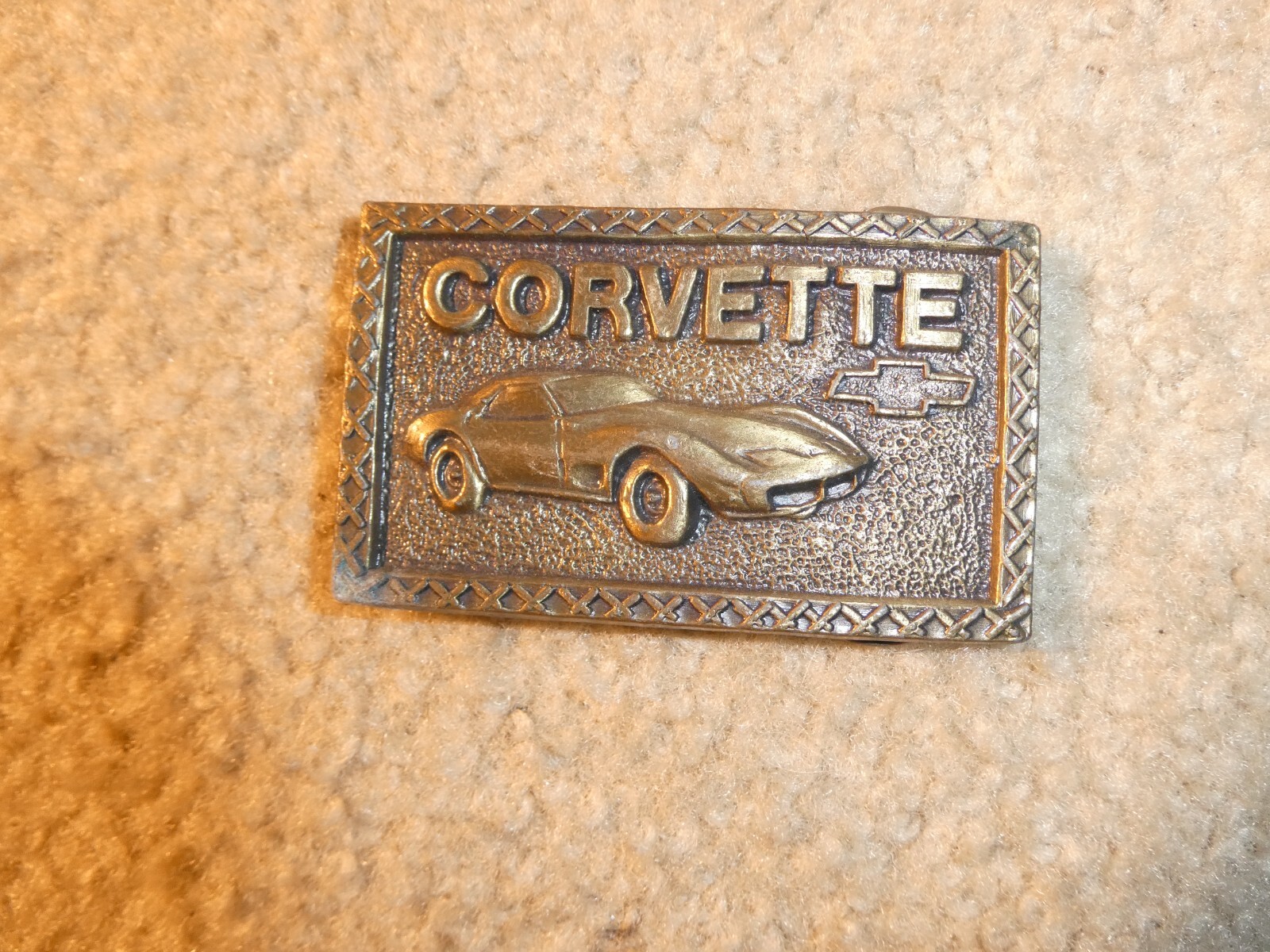 Vintage 1970s Brass Corvette Car Belt Buckle 3&Prime; Wide