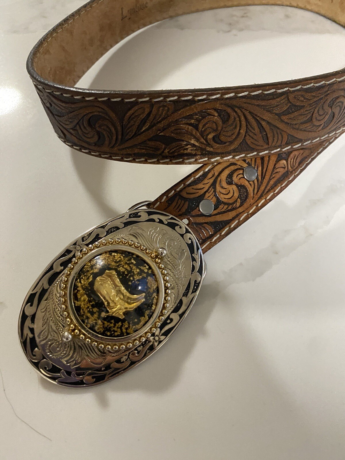 Vtg Lyatone Saddle Leather Belt Cowboy Boots Belt Buckle Sze 34 2565 Top Grain