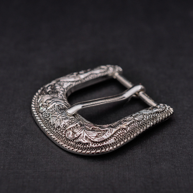 Western Cowboy Silver Flower Engraved Belt Pin Buckle 3pc/Set Fits 1-1/8&Prime; Strap
