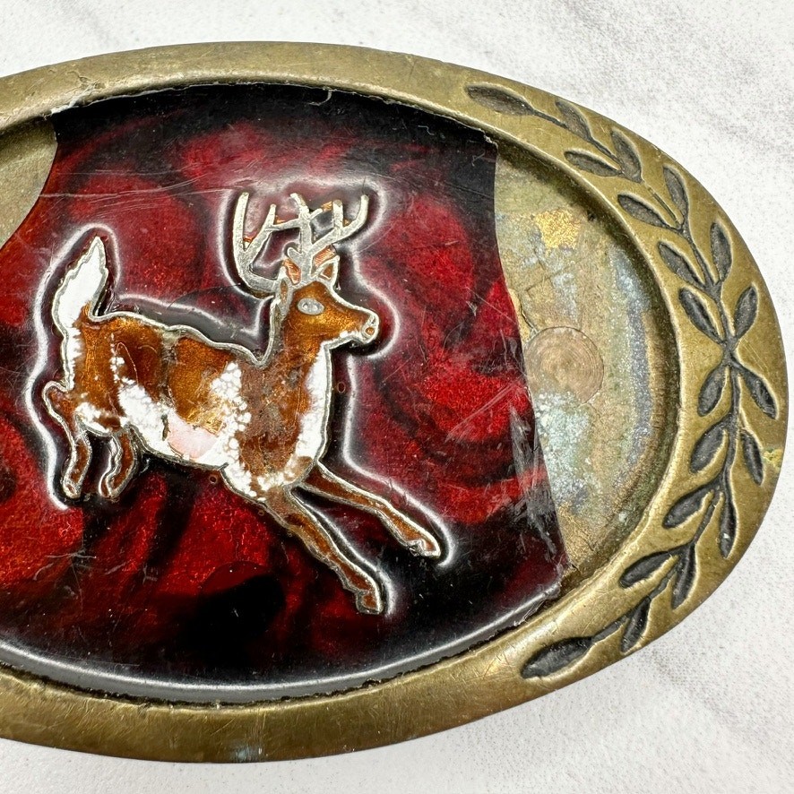 Vintage Aminco 1980 Solid Brass Deer Belt Buckle Red Black Enamel Oval Laurel