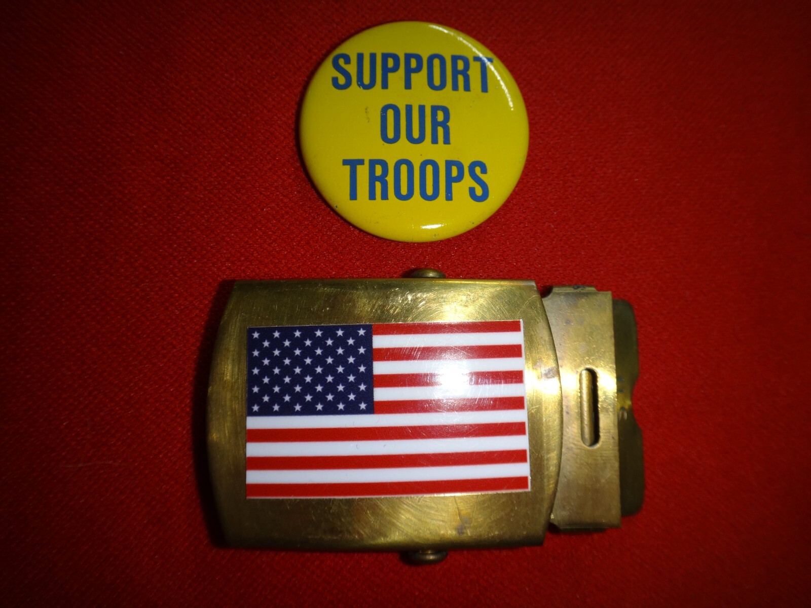 Patriotic SUPPORT OUR TROOPS Metal Pin + USA AMERICA Flag Brass Belt Buckle