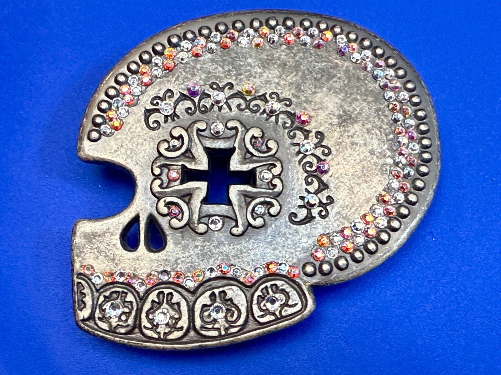 Skull Heads Cross with Rhinestone Accents Gothic Punk Biker ENMON Belt Buckle