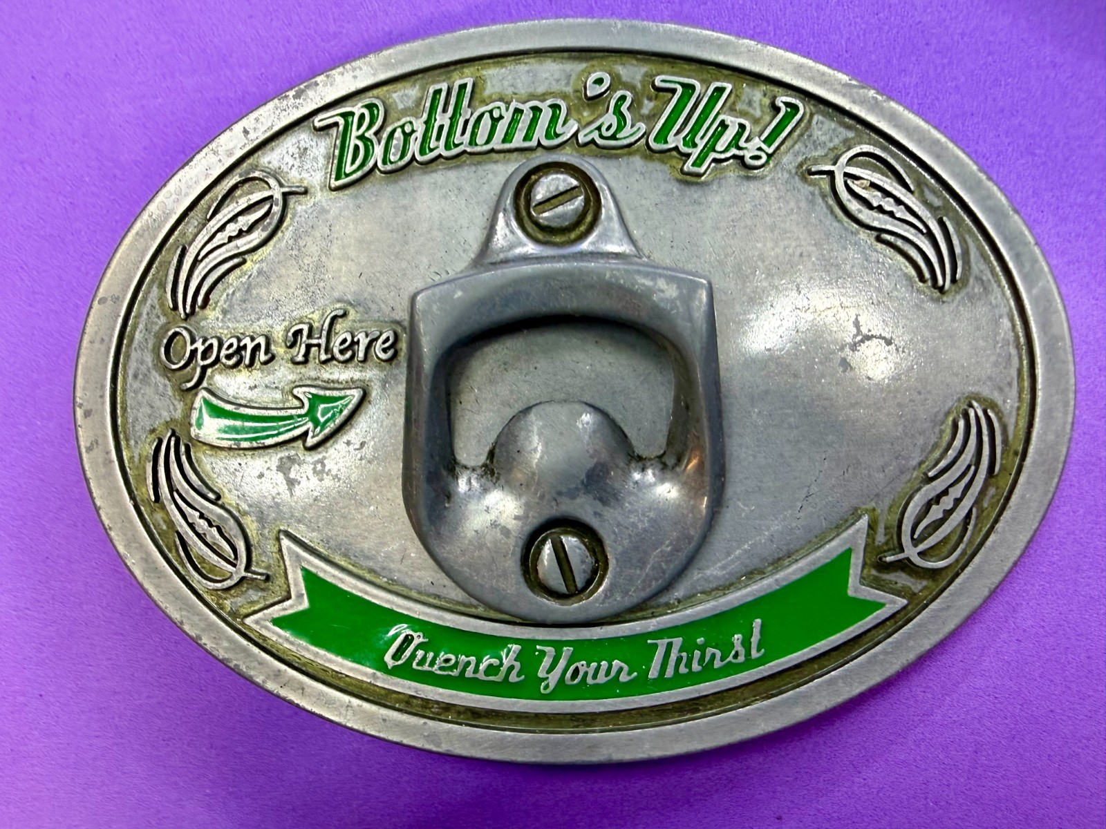 Bottom&rsquo;s Up! Open Here Quench Your Thirst Belt Buckle with Bottle Opener
