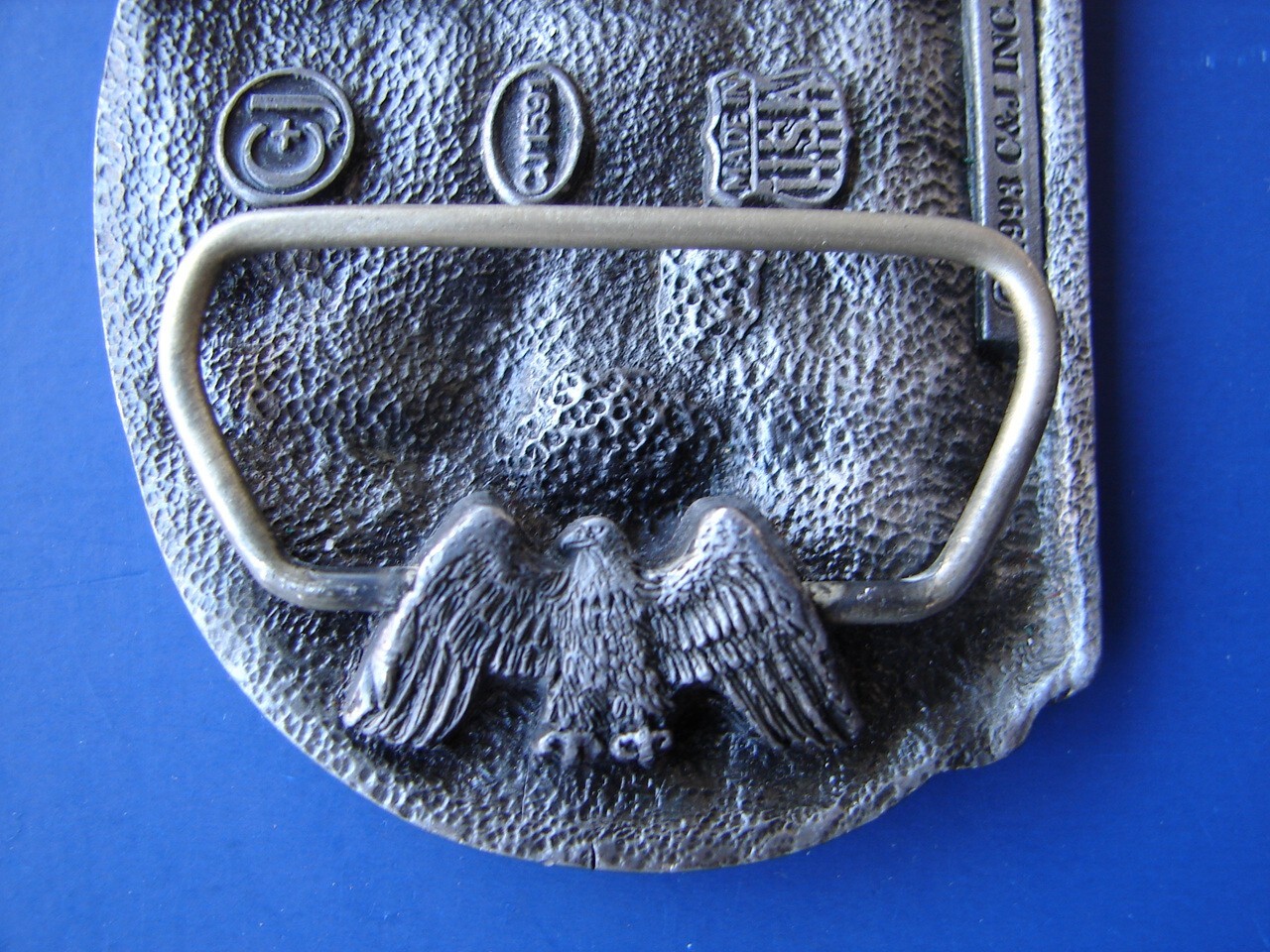 Vtg 80s Great American Belt Buckle Telephone Lineman Pewter 1983 C&J Inc