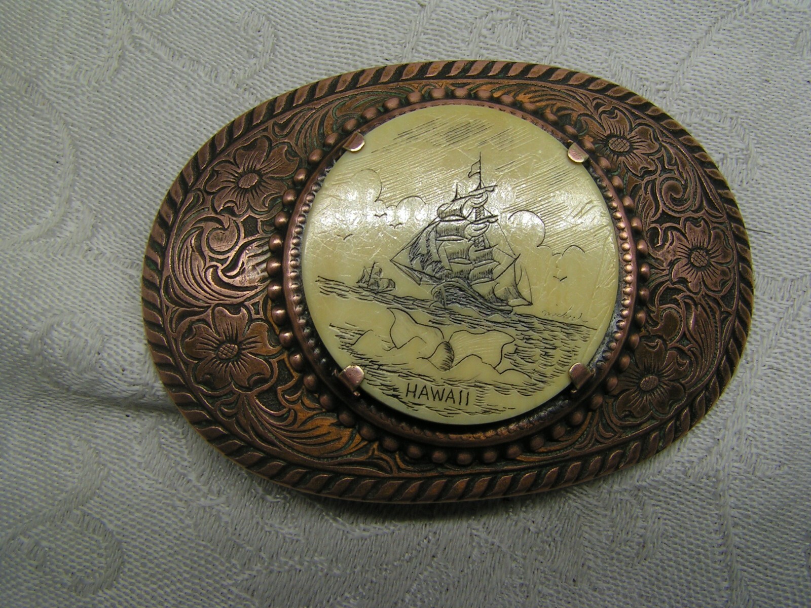 Clipper Ship Scrimshaw Belt Buckle Copper Hawaii