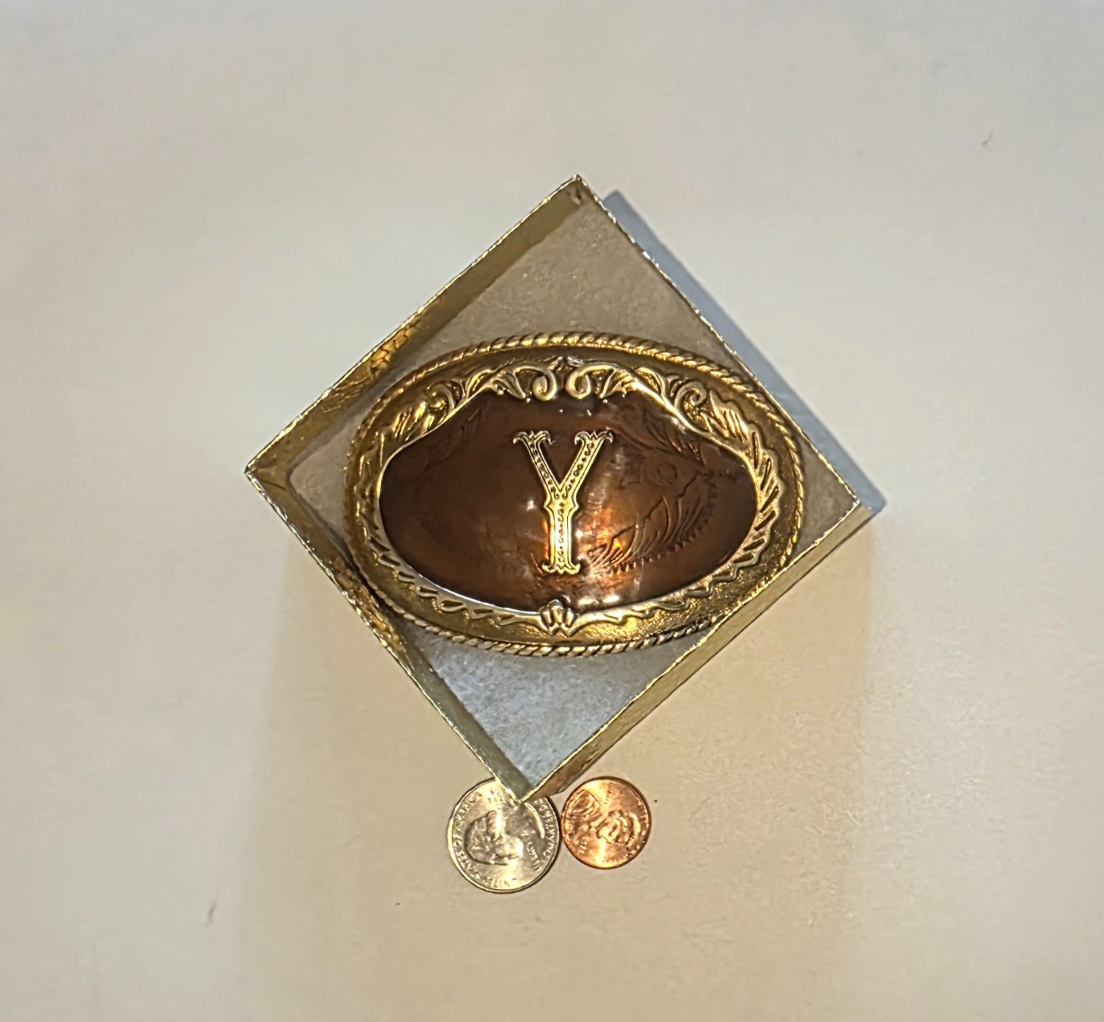 Vintage Metal Belt Buckle, Brass and Enamel, Letter Y, Initial Y, Nice German