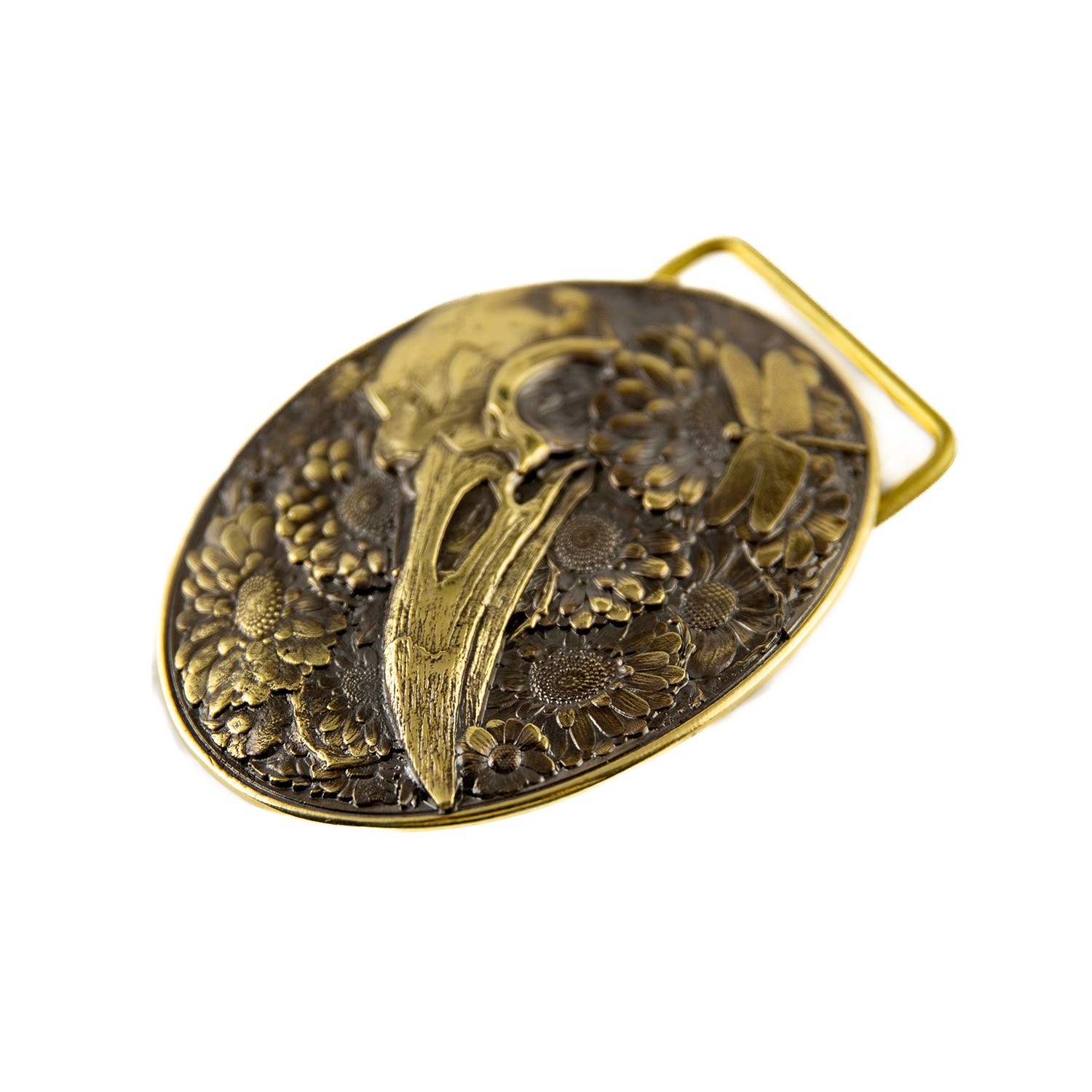 Raven skull brass belt buckle, mythology bird, Gothic Floral Crow skull Design