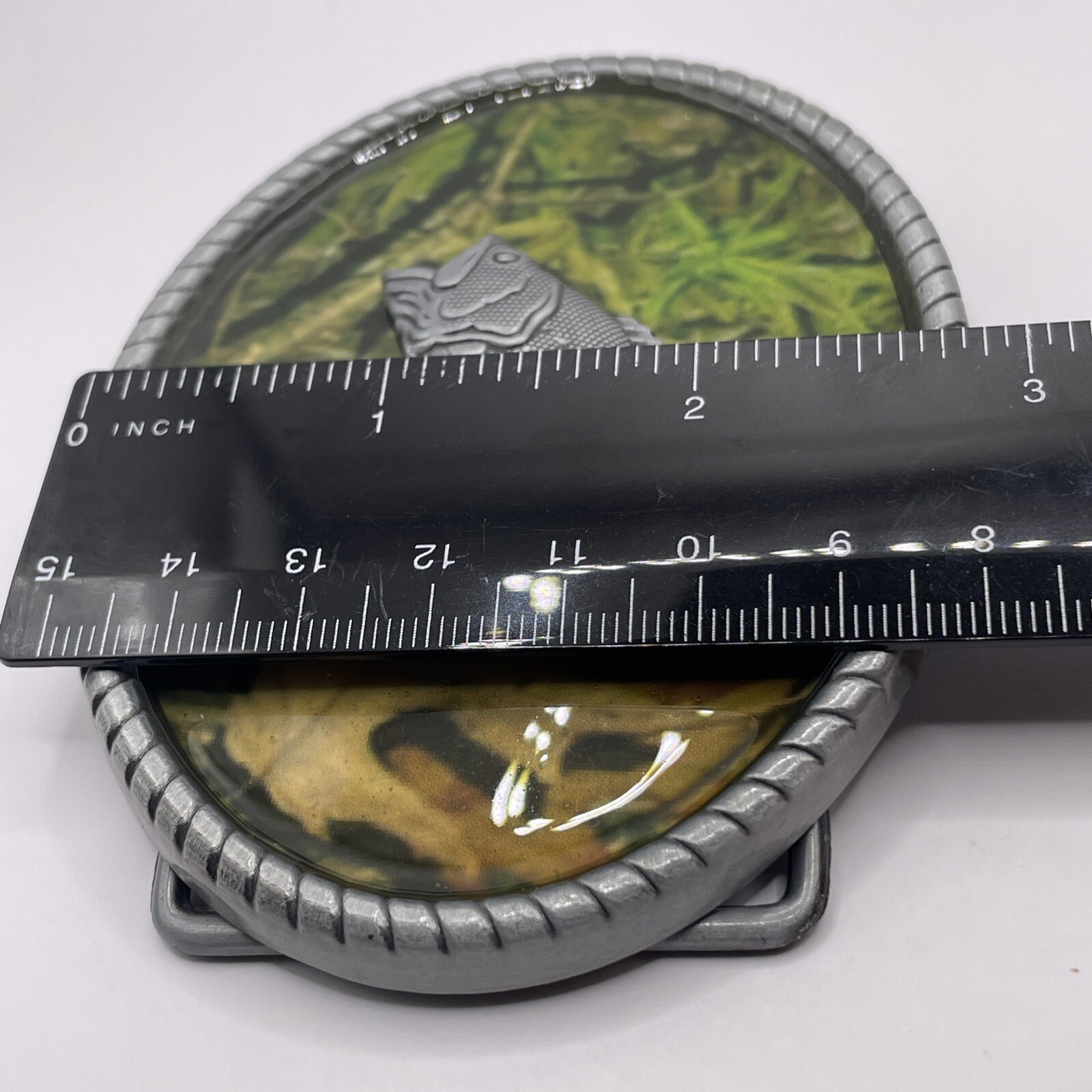 CAMO Big-Mouth Bass BELT BUCKLE Metal Western Fishing USA Camouflage Silver Tone