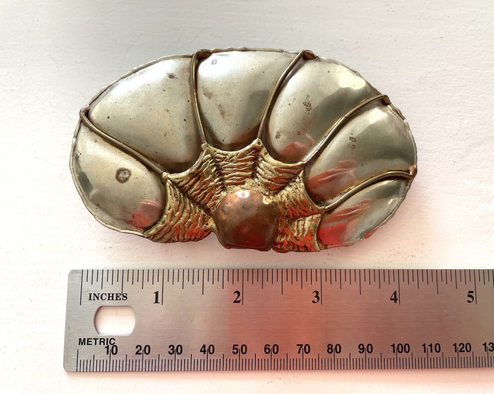 Vintage Brass Pearl Shell Belt Buckle Mixed Metals Brutalist Sea Life Unusual