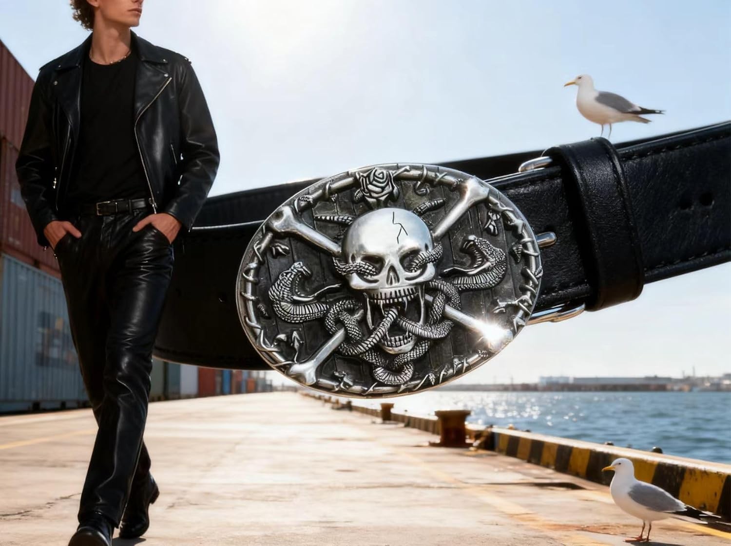 Skull and Snakes Gothic Belt Buckle for Men Vintage Crossbones & Rose Biker Buck