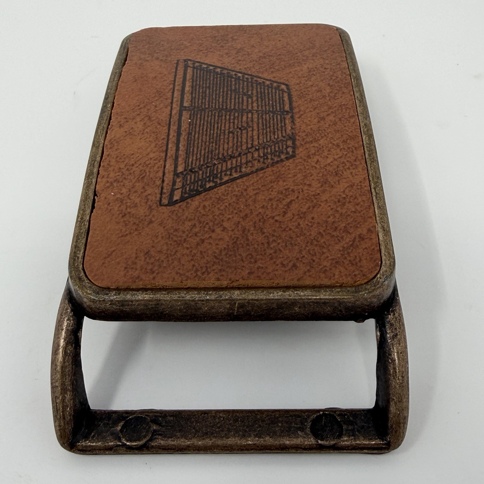 Vintage Tennis Court Belt Buckle Brass Tone Leather Inlay Jim Tait Engraving 70s