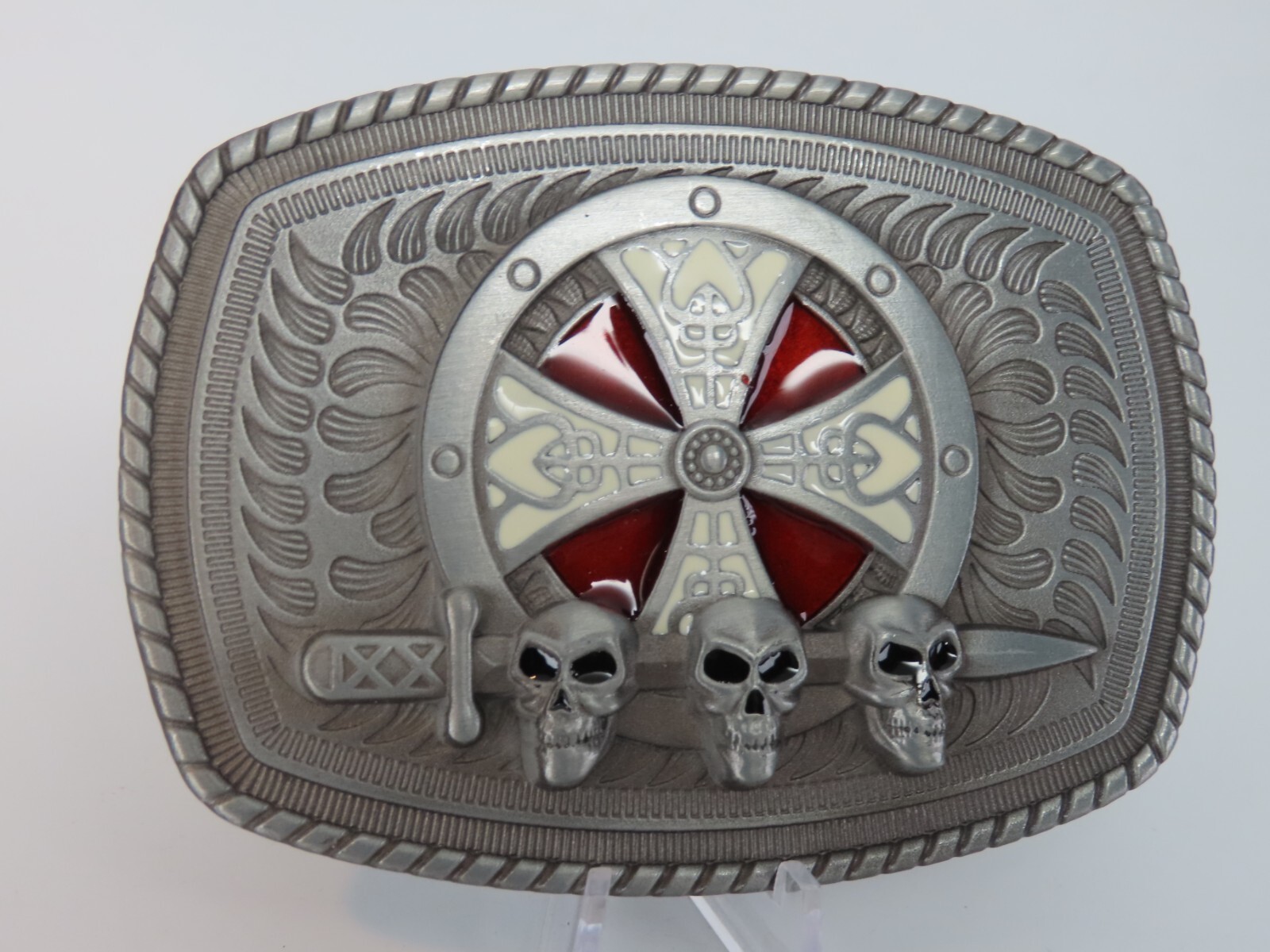 Celtic Shield Skull Sword Metal Belt Buckle Pewter Tone Enameled New