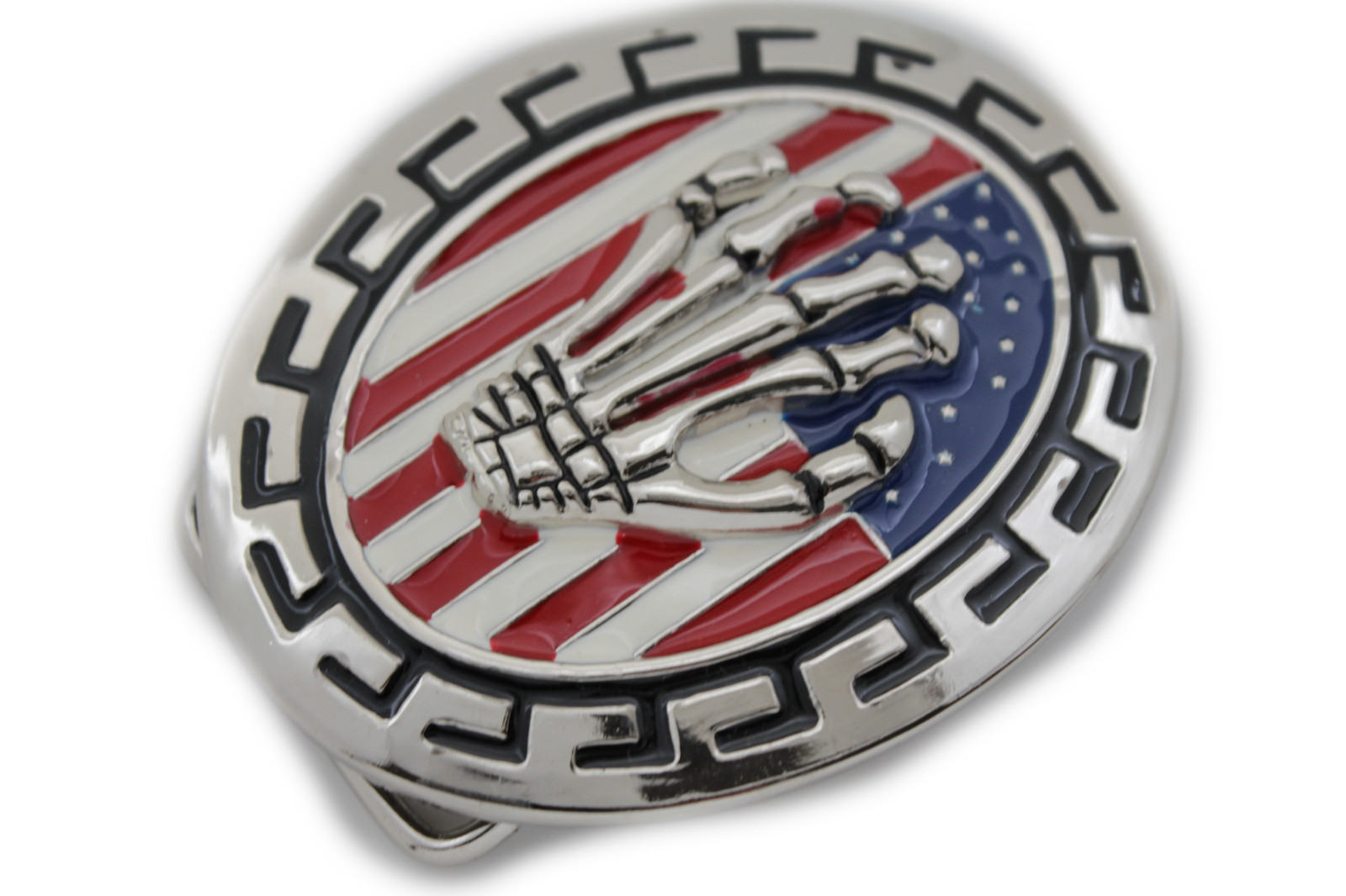 Men Silver Metal Belt Buckle Skull Skeleton Hand USA Flag United States America